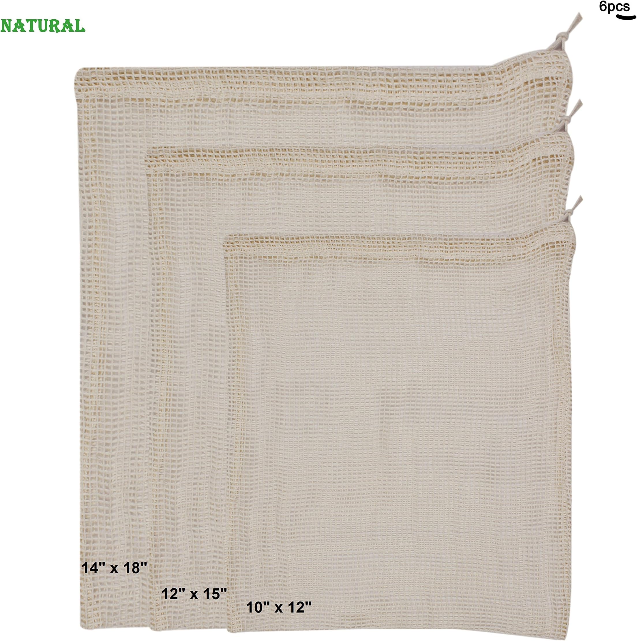 100 % Cotton MESH produce Bag - Natural. Pack of 6 ( Small, Medium, Large - 2 each). Eco Friendly.