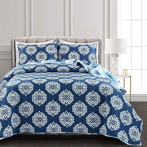 Miniatura 9 de Lush Decor Leah - Edredón floral de 3 piezas reversible tamaño matrimonialQueen amarillo y gris