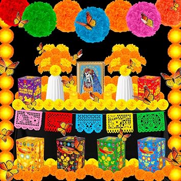 Holiday Decorations Party Decoration Supplies Set for Various Occasions 105 Pcs Day of the Dead Decorations Dia De Los Muertos Altar 2 Marigold Garland,9 Mexican Banner,50 Marigold Flowers