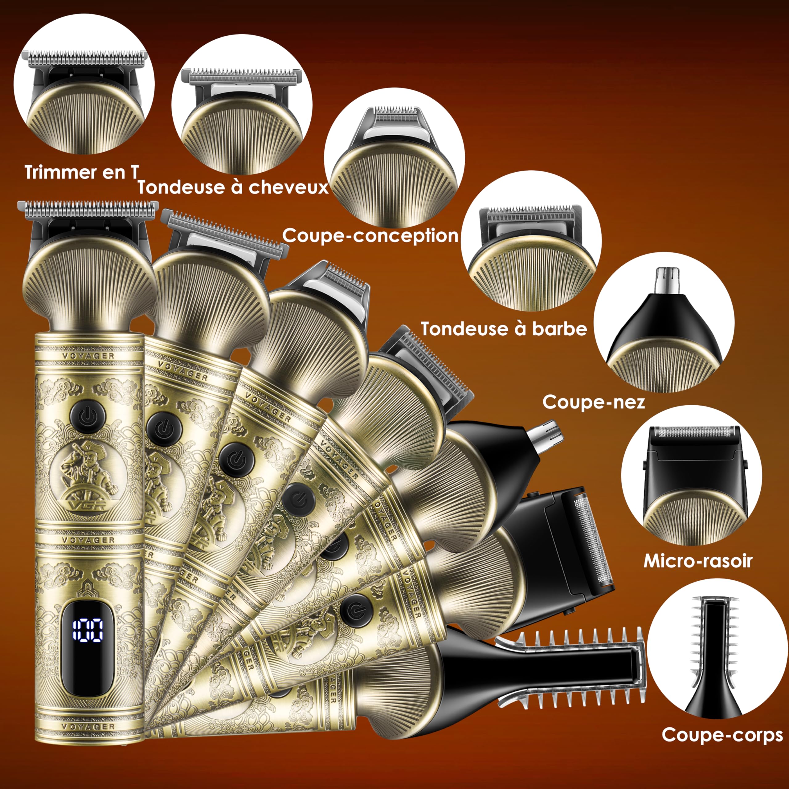VGR Tondeuse Barbe Homme Kit Professionnel Tondeuse Cheveux Rasoirs électriques 0 mm Cheveux Chauve Avec Lame en T Tondeuse Nez et Barbe Tondeuse de Précision 7 en 1