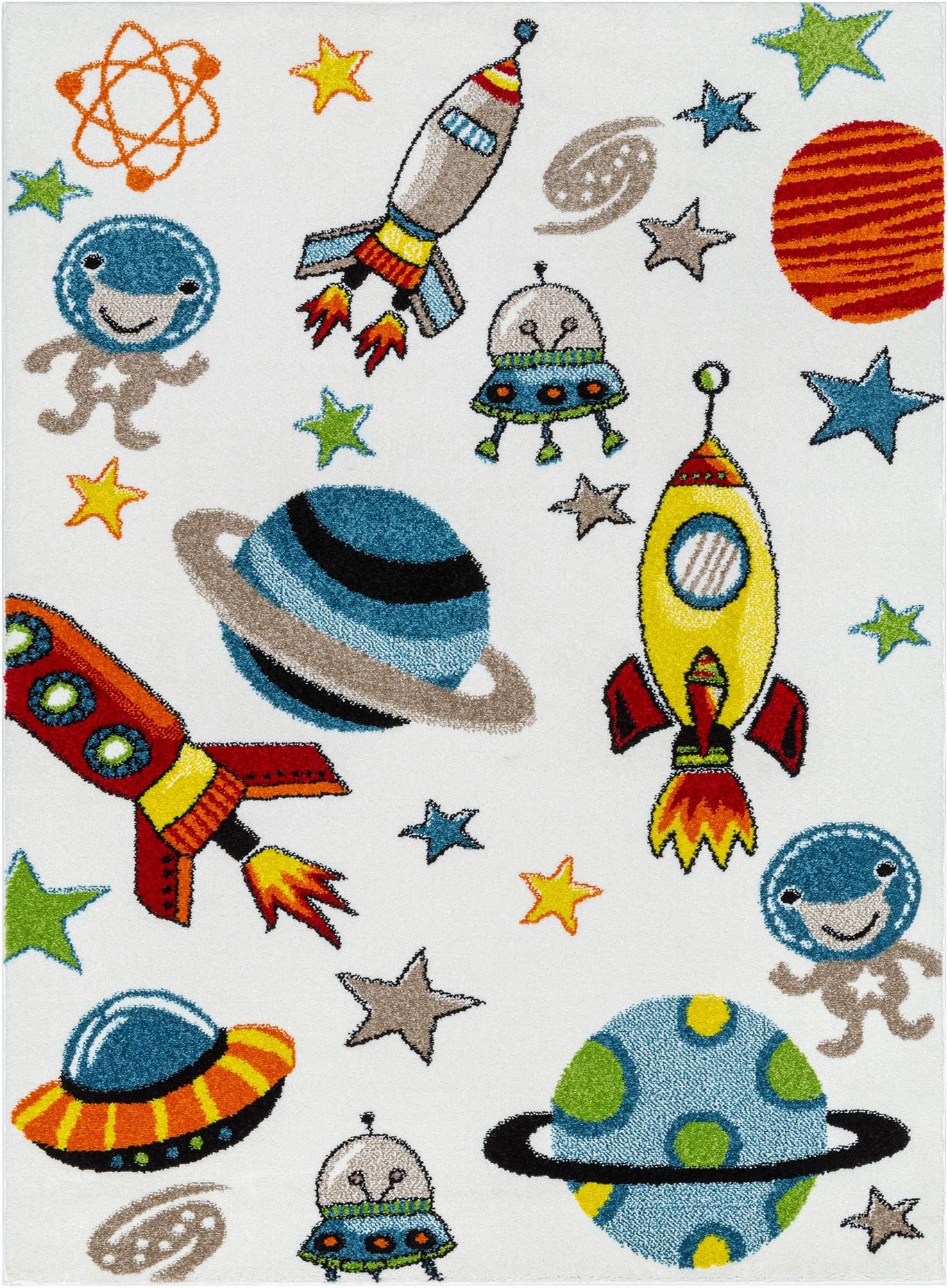 Aliens and Rocket in Outer Space Boy and Girl Bedroom Modern Décor Area Rug and Carpet Collection for Kids and Children