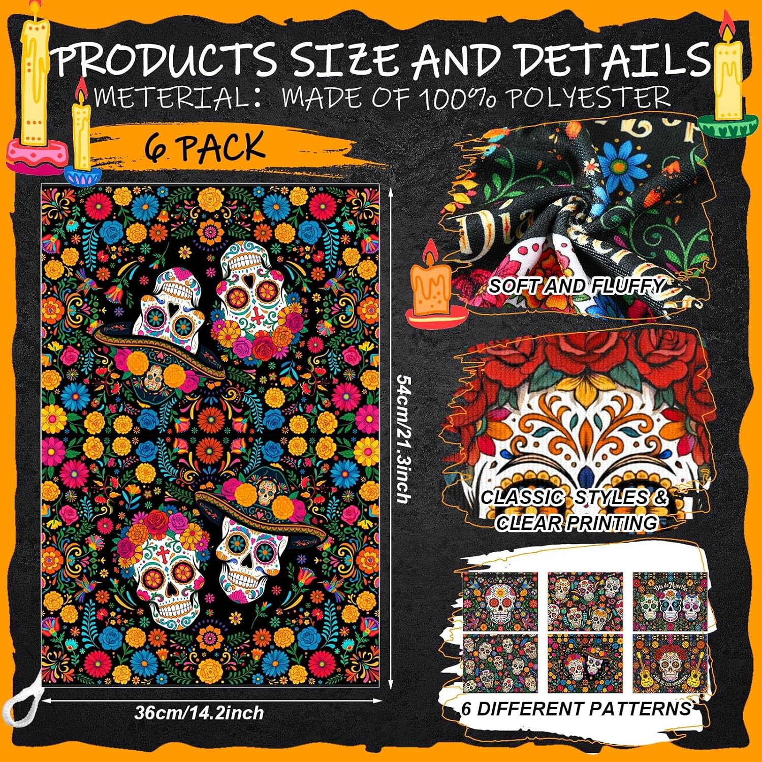 Breling 6 Pack Day of the Dead Kitchen Towels Halloween Sugar Skulls