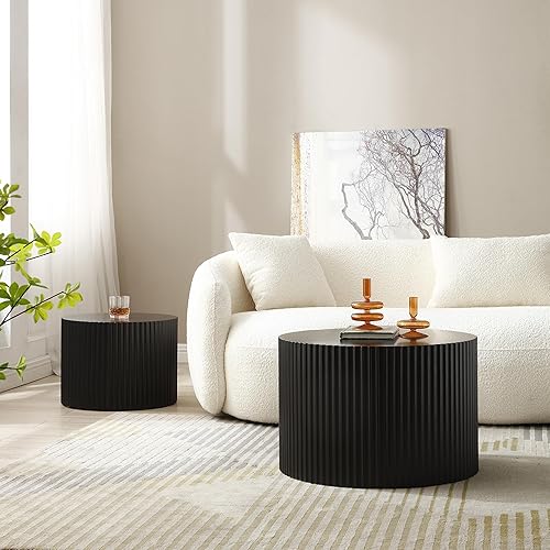 Miniatura 4 de Moderna mesa auxiliar anidable, mesa auxiliar redonda de madera, juego de 2 para espacios pequeños, sala de estar, color negro