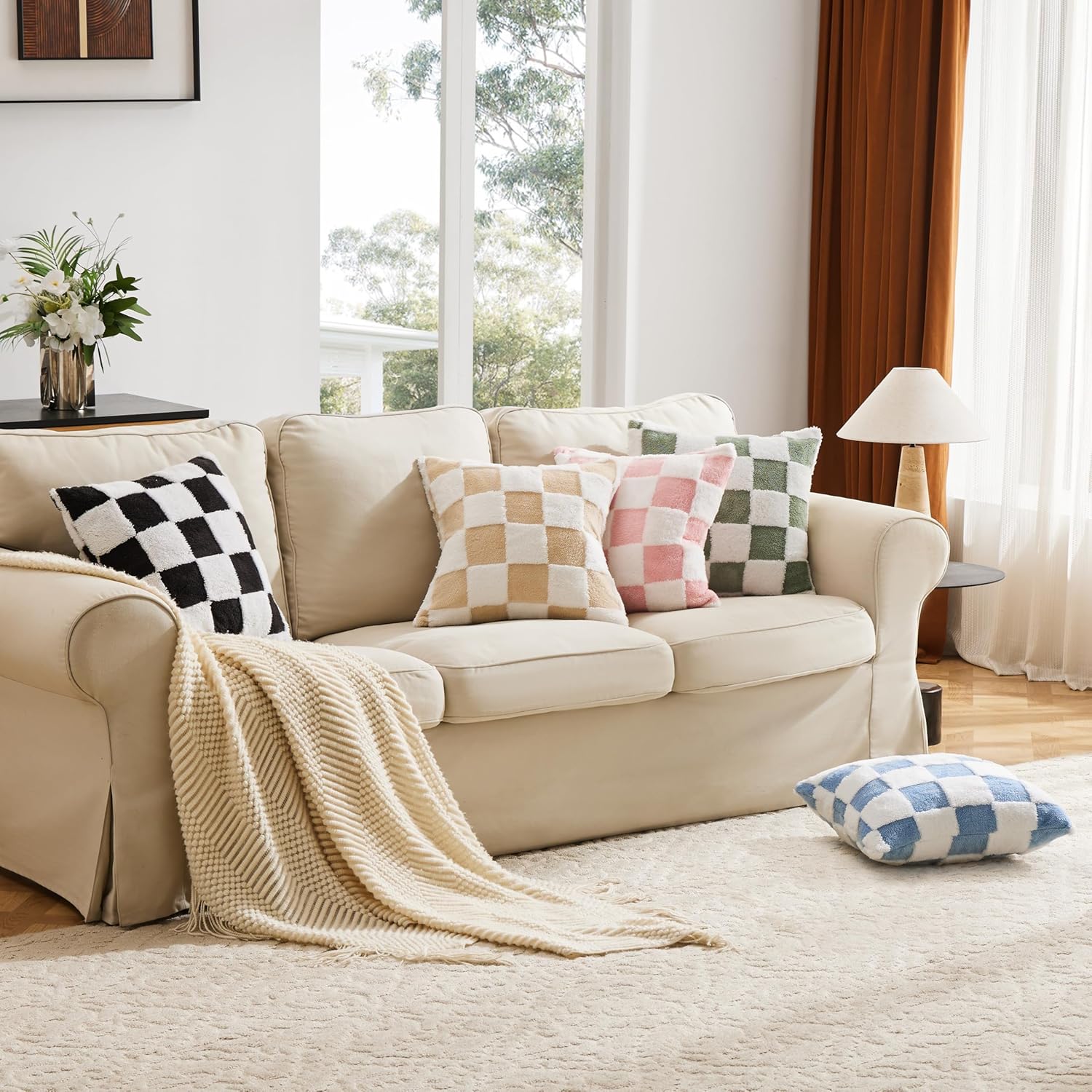 Checkered Jacquard Shag Throw Pillow Covers, Pack of 2 Fluffy Beige Sand Cute Decorative Boho Aesthetic Soft Checkered Throw Pillow Cases for Couch Sofa Bedroom,18x18 Inch - Image 5