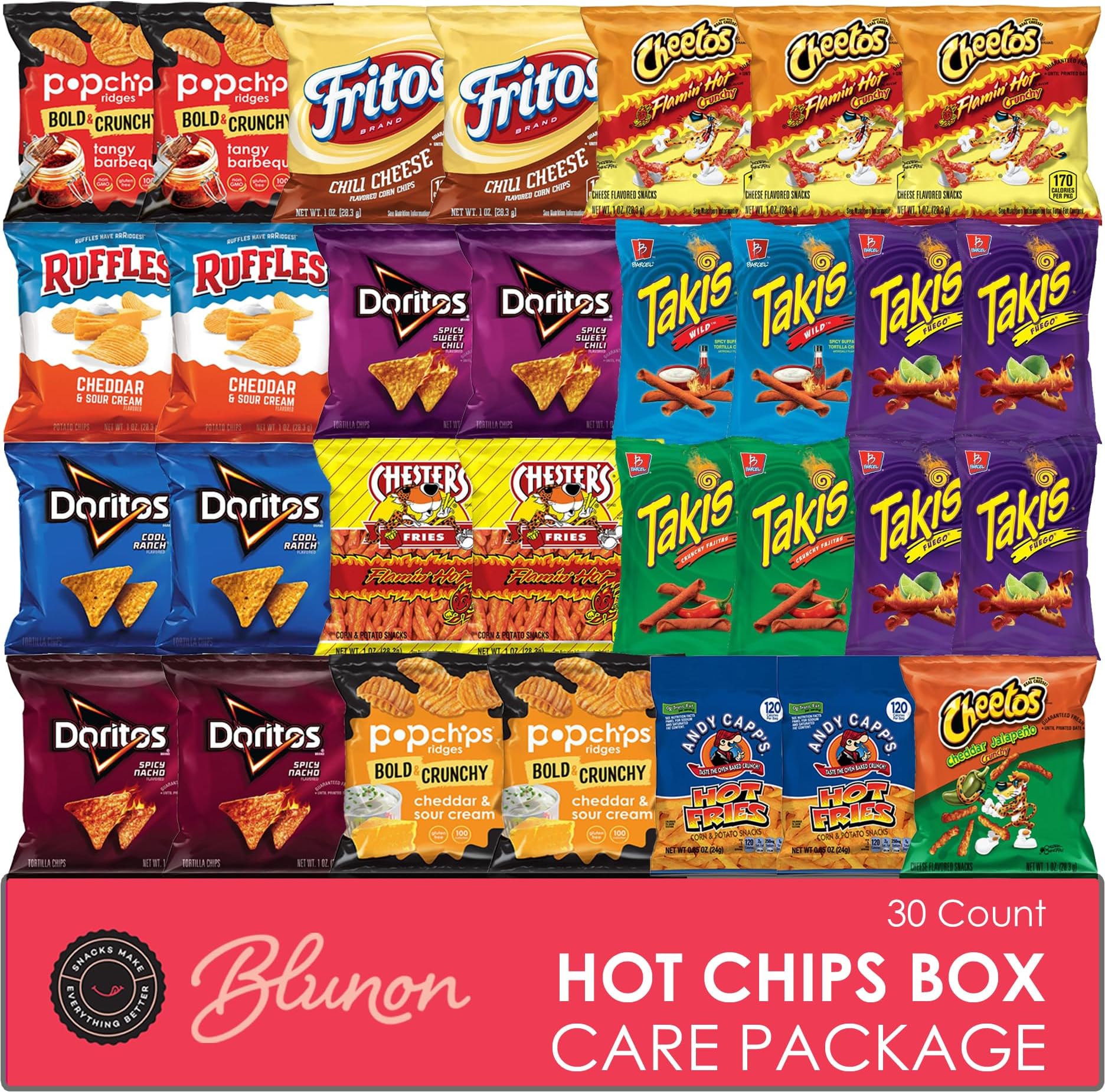 Hot Chips Snacks Variety Pack for Adults - Fiery Spicy Snack Bag Care Package - Gift Box Bulk Assortment (30 pack)