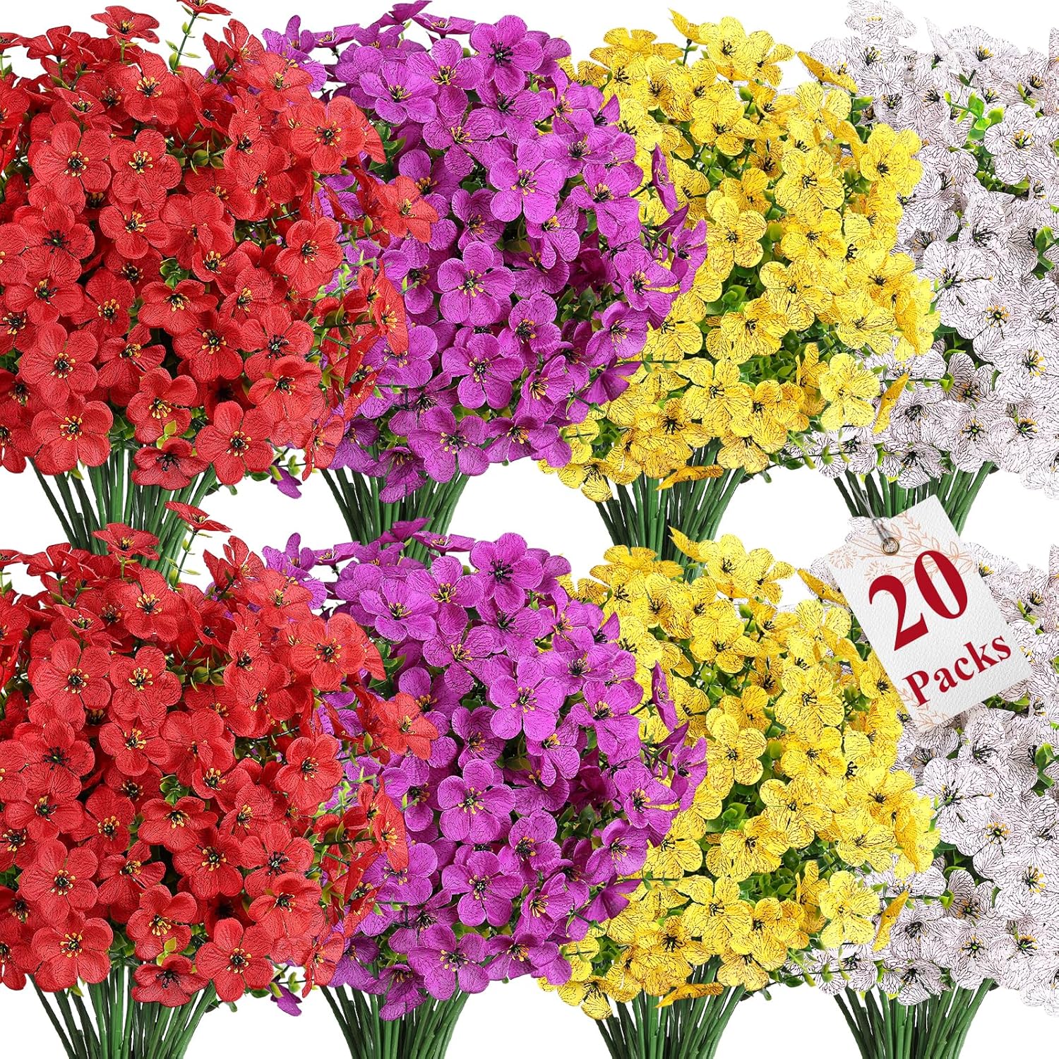 Alupssuc 20 Bundles Artificial Flowers for Outdoor Indoor Decoration, UV Resistant No Fade Fake Plants Eucalyptus, Colorful Faux Spring Flowers for Outside Yard Porch Patio Garden Home Window Box - Amazon product rated Grade B