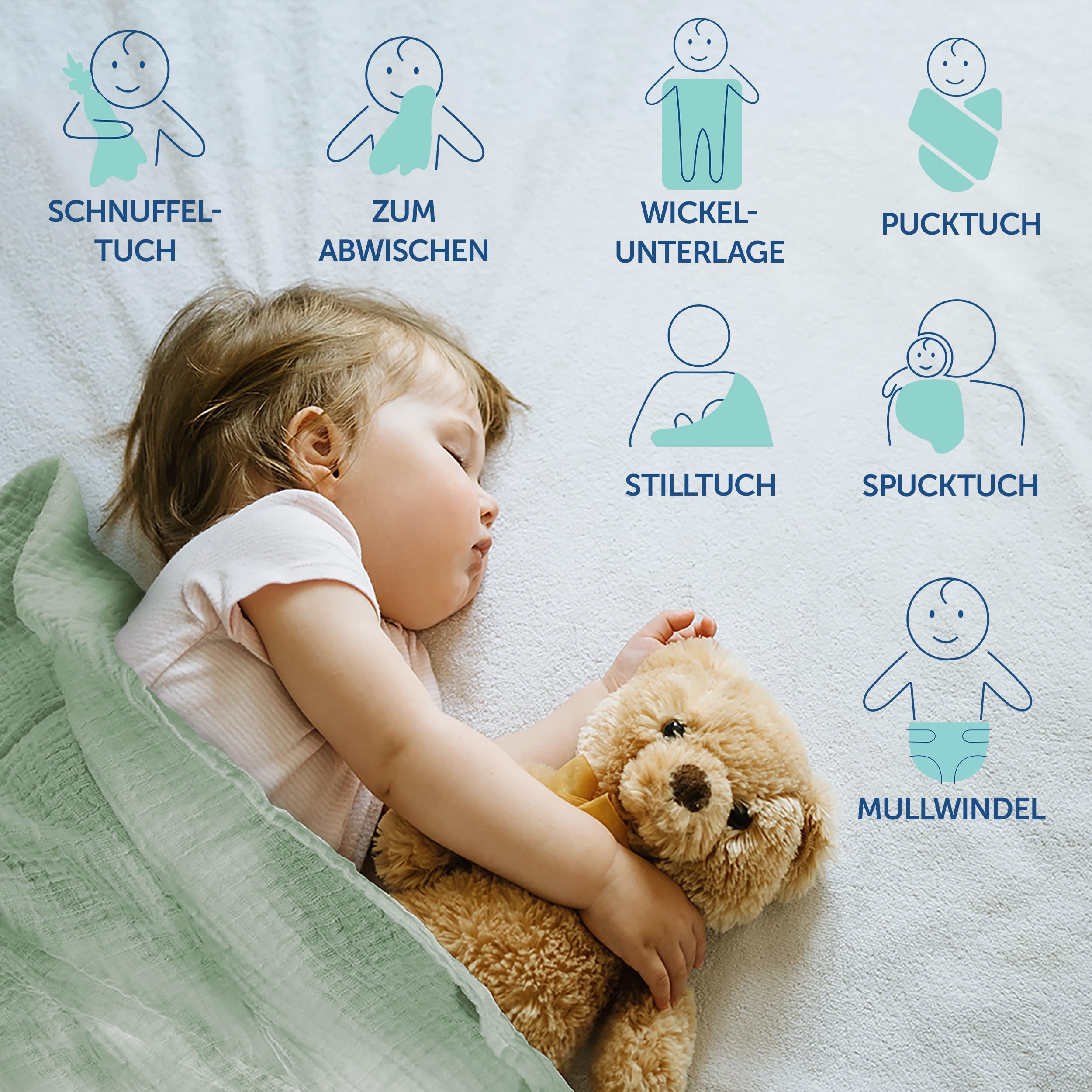 MAKIAN 8 Stück Baby Mullwindeln 80x80 cm Set - Spucktücher/Mulltücher doppelt gewebt, weich aus 100% Baumwolle, Oeko-TEX® Standard 100 geprüft, maschinenwaschbar - Mint Blau Weiß