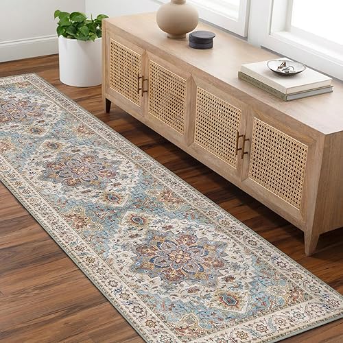 Worxvell Alfombra de pasillo de 2 x 6 pulgadas, lavable, antideslizante, vintage, envejecida, con parte trasera de goma, para lavandería,