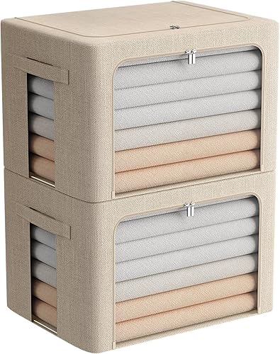 Contenedores de almacenamiento de ropa extra grandes, caja de almacenamiento plegable con marco de metal, juego organizador apilable de tela de lino