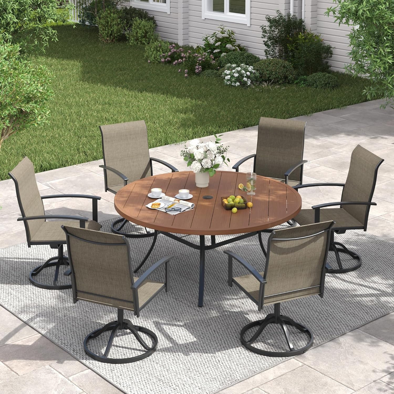 VICLLAX 7 Pieces Patio Dining Set, Outdoor Dining Set for 6-53" Round Outdoor Table and Swivel Patio Chair Set for Deck, Lawn and Garden, Grey Table and Chairs