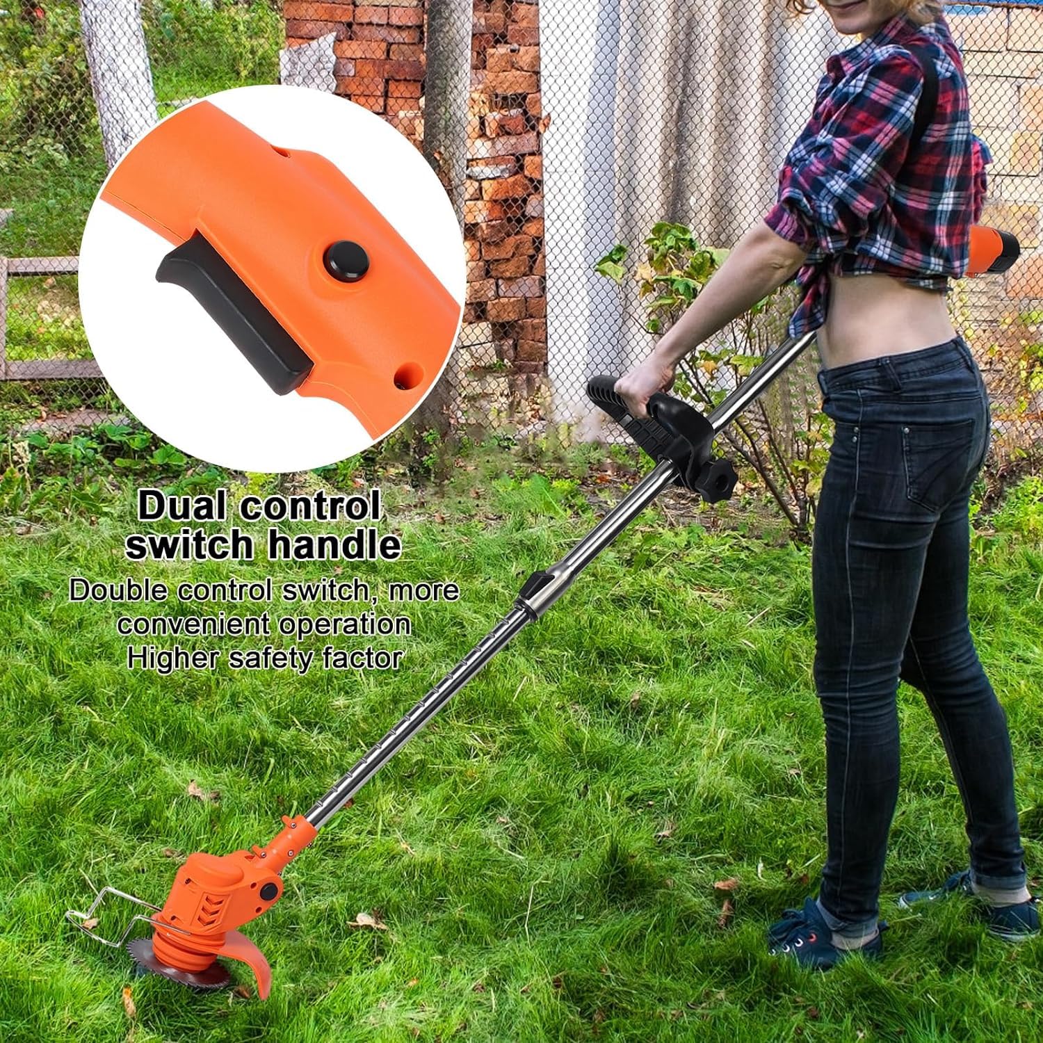 Cortacésped inalámbrico, 450 W, con 2 pilas, barra telescópica, mango antideslizante, recortador de batería, desbrozadora eléctrica, herramienta para bordes de césped para el jardín (naranja)