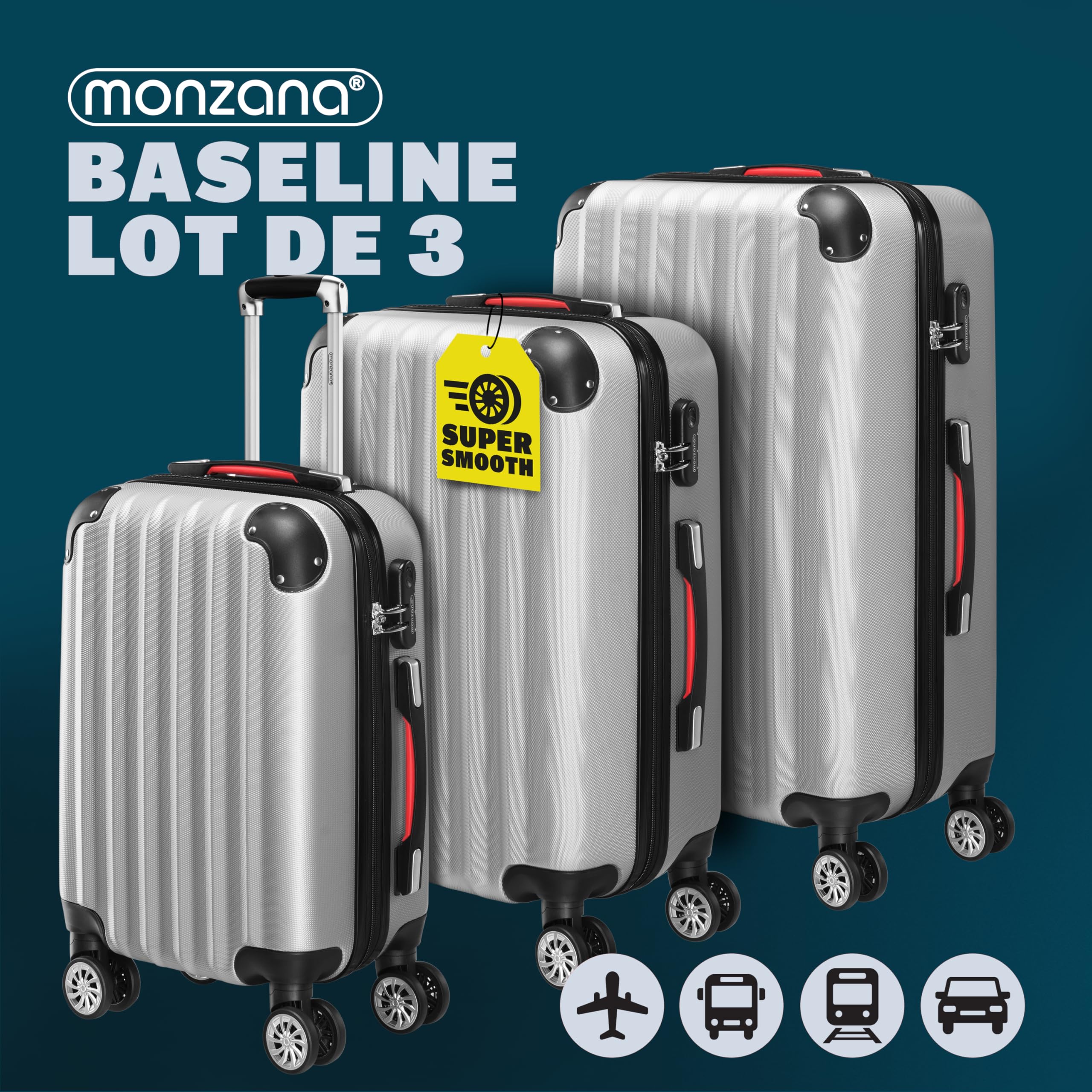 Monzana® Lot de 3 valises rigides Argent M/L/XL 4 Roues 360° Poignée télescopique Cadenas à Combinaison Valise à roulettes