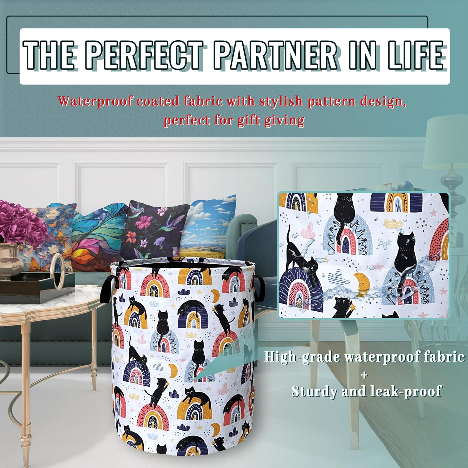 Boho Rainbow Cute Cats Laundry Basket Foldable With Handles Tote Bag Oxford Cloth Funny Cat Laundry Hamper Clothes Storage Bucket Toy Organizer 18.9" x 16.5" For Bathroom/Laundry/Bedroom