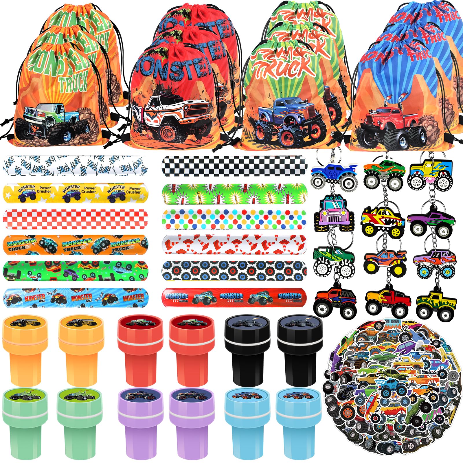 Monster Truck Party Favors Birthday Supplies, Drawstring Bag Slap Bracelet Sticker Keychain Monster Truck Stamps Truck Car Party Favors Set Monster Truck Party Supplies Classroom Rewards