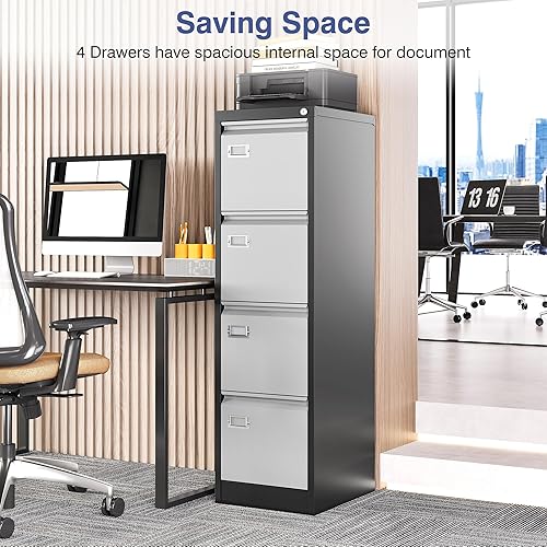 Miniatura 3 de Archivador de 4 cajones, archivadores de metal con cerradura, archivadores verticales de 18 pulgadas de profundidad para oficina en casa, gabinete