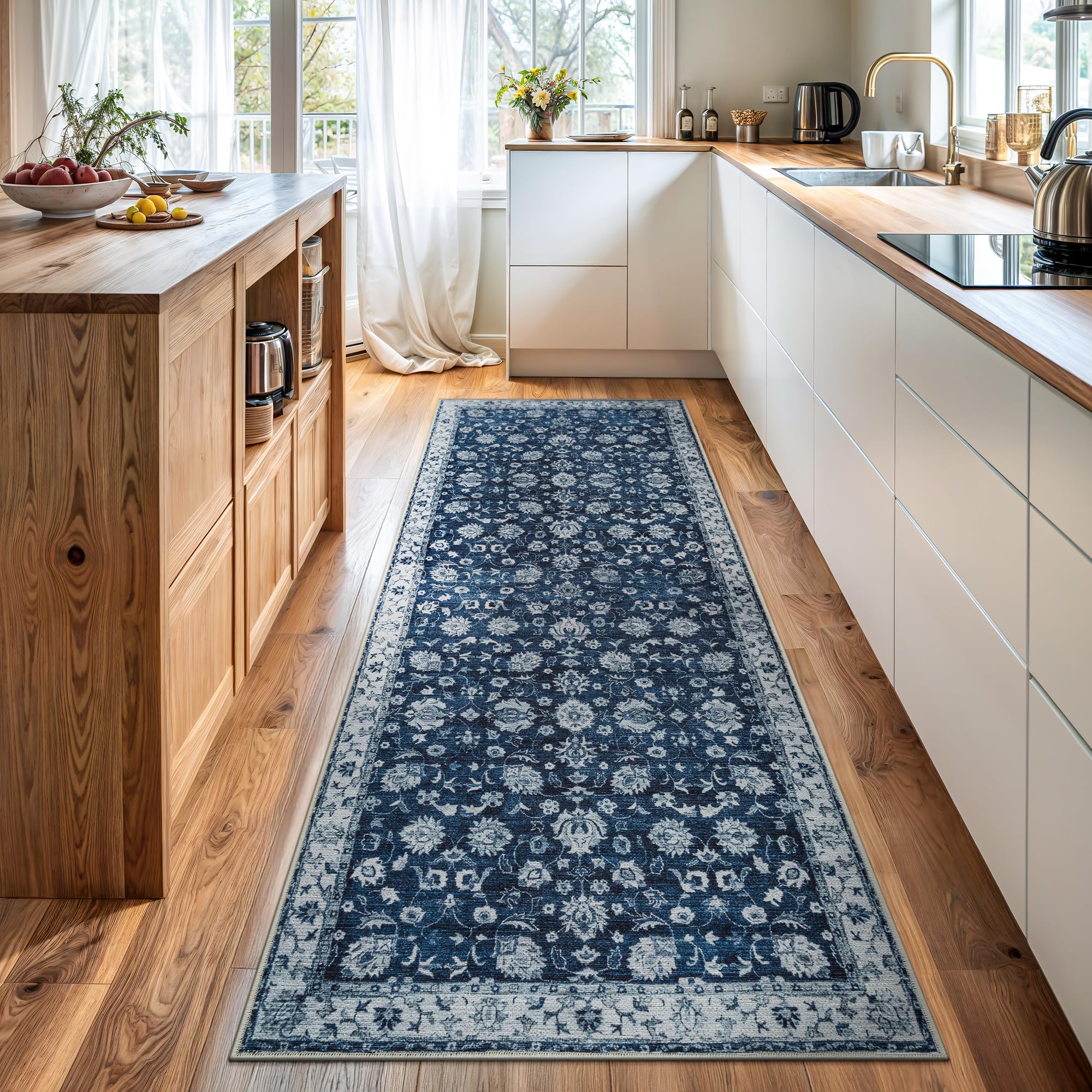 Bloom Rugs Washable Non-Slip 7 ft Runner - Dark Blue Traditional Bordered Runner for Entryway, Hallway, Bathroom, and Kitchen - Exact Size: 2.5' x 7'