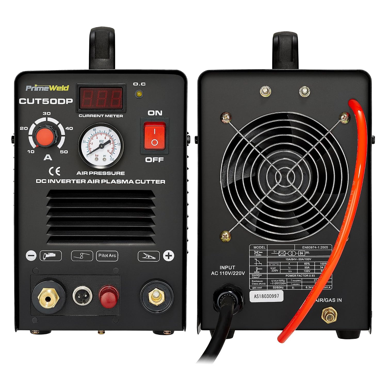 PrimeWeld 50A Air Inverter Plasma Cutter with Non-Touch Pilot Arc, Automatic Dual-Voltage (110V/220V) and Dual-Frequency (50Hz/60Hz) Portable Plasma Cutter, 1/2" Clean Cut, CUT50DP