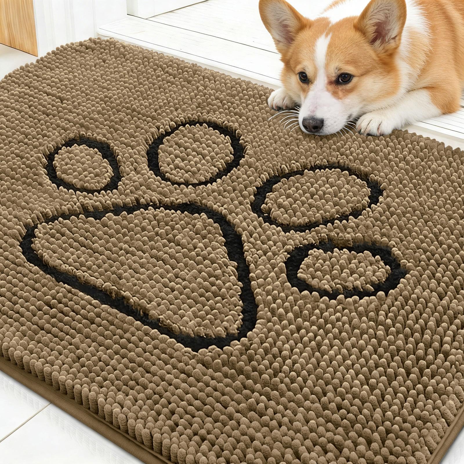 OLANLY Dog Door Mat for Muddy Paws 30x20, Paw Print Design Chenille Mud Mat