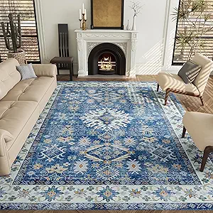 Vintage 8x10 Washable Area Rug, Low-Profile Large Area Rug with Non-Slip Backing & Durable Edge Binding, Pet-Friendly Carpet, Large Rug for Living Room, Bedroom, Dinning Room