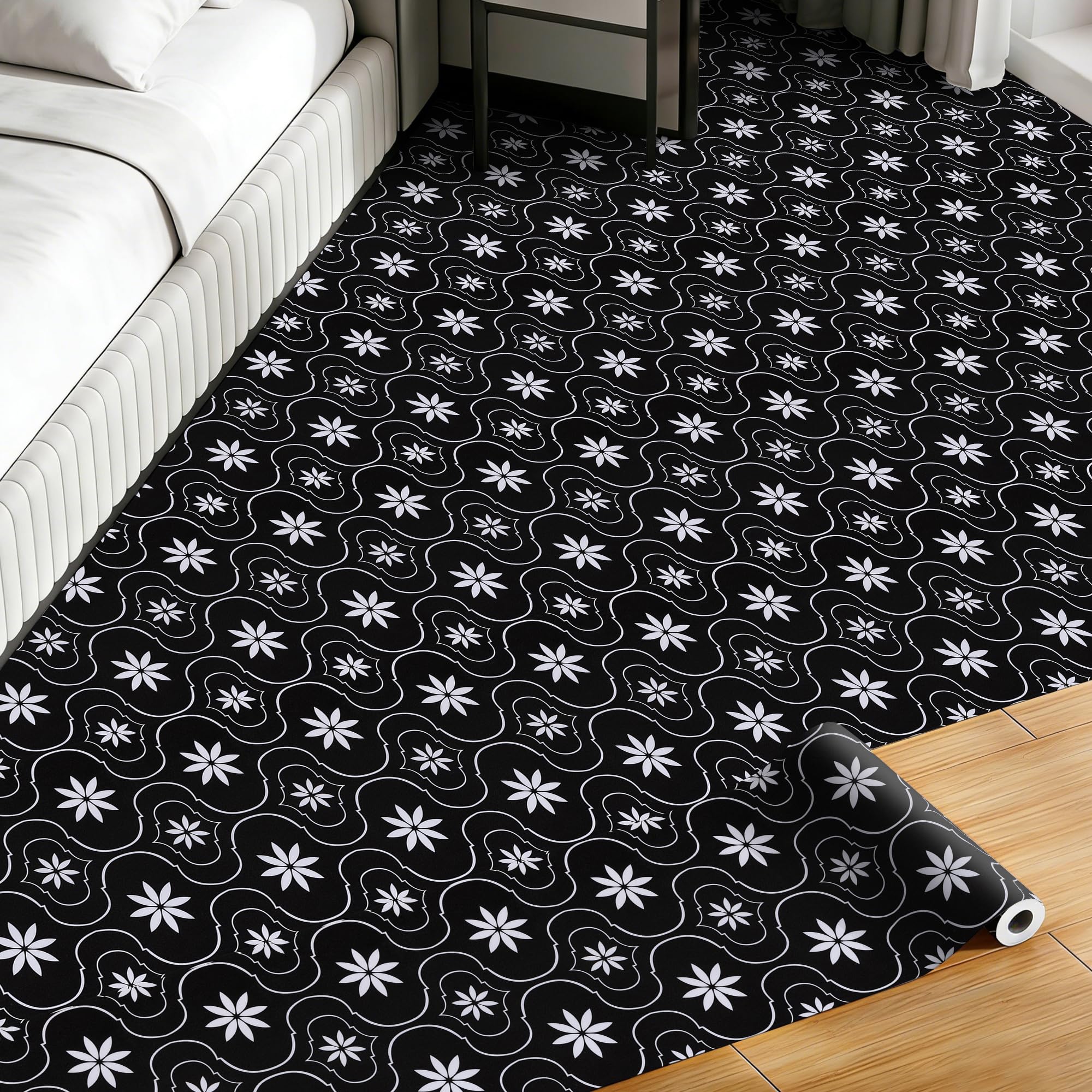 Winylowa rolka podłogowa 40 x 400 cm, odklej i przyklej, czarna, samoprzylepna, wodoodporna osłona podłogowa, łatwa instalacja DIY do kuchni, łazienki, sypialni
