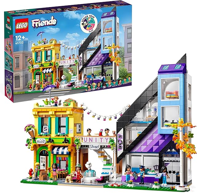 LEGO 41732 Friends Downtown Flower and Design Stores Set, Buildable Toy with Apartment and Shops, Model to Customise, Decorate & Display, Incl. 9 Characters, for Ages 12 Plus