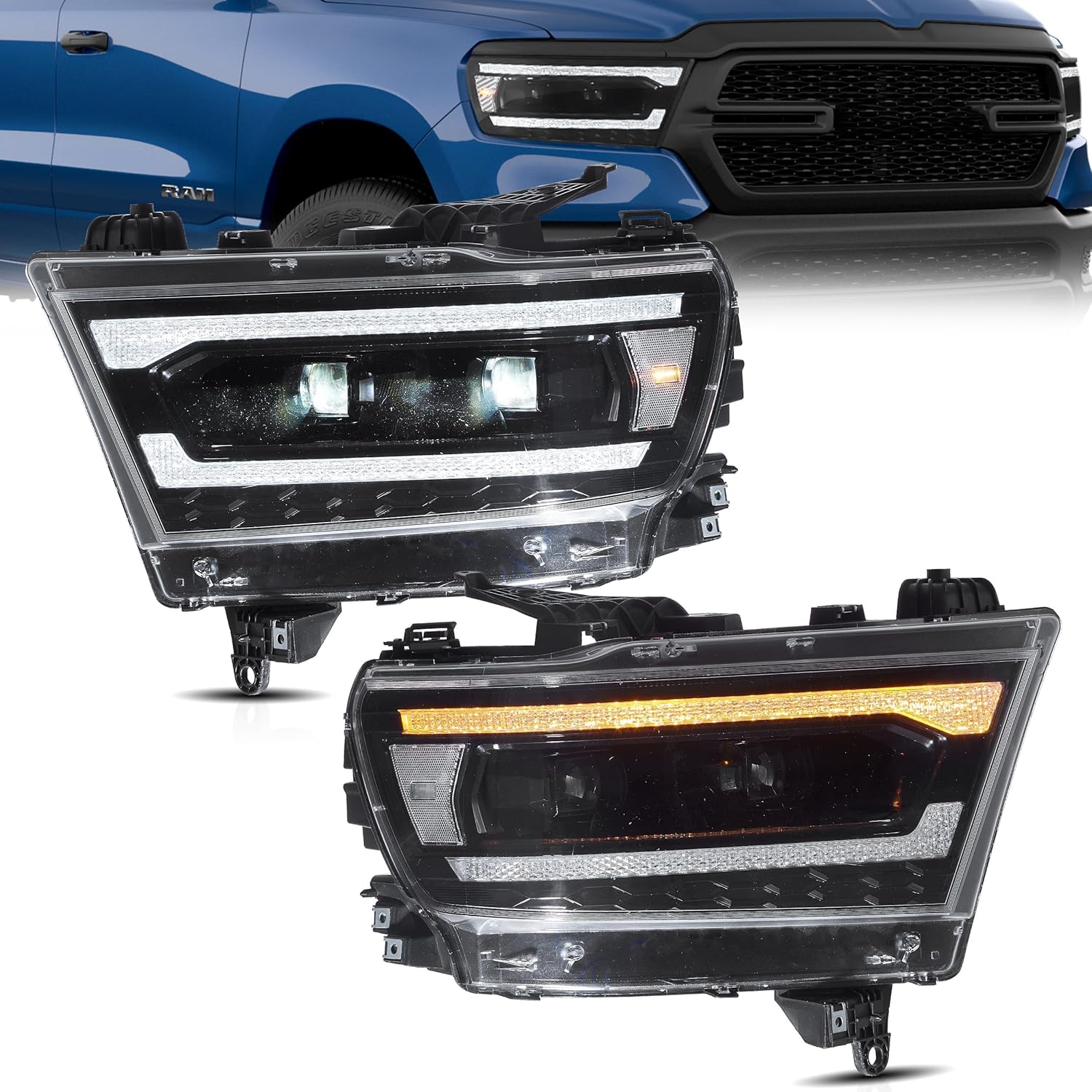 VLAND Headlights Fit for 2019-2024 Dodge RAM 1500 New Body (NOT fit Classic Models), Front Lights with Dynamic Startup DRL, Projector Headlamp with Sequential Turn Signal, Clear