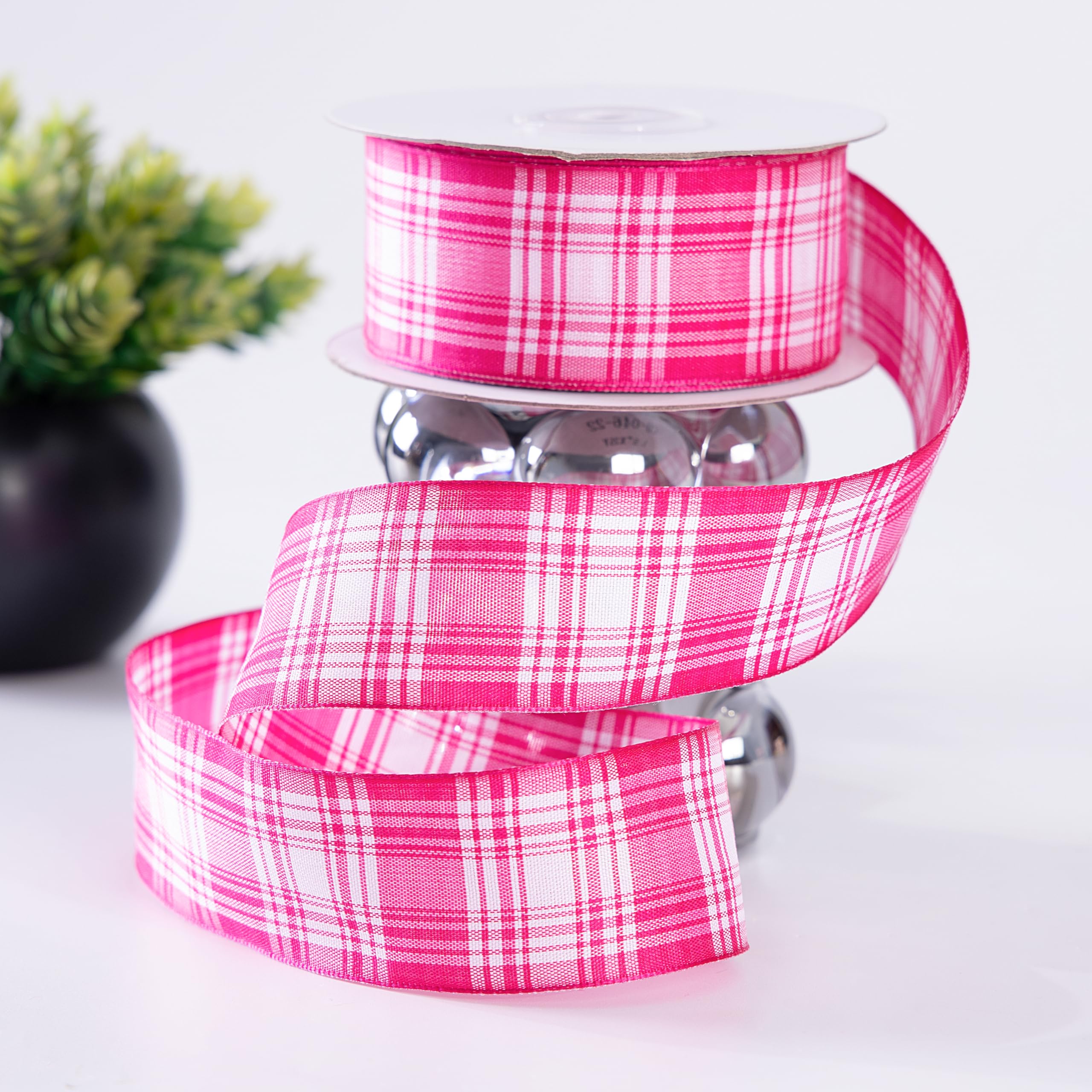 Amazon.com: CSZD RIBBON Pink Plaid Wired Ribbon,Pink and White