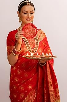 Women's Paithani Silk Blend Woven Saree With Blouse Piece |Wedding Saree | Red Saree