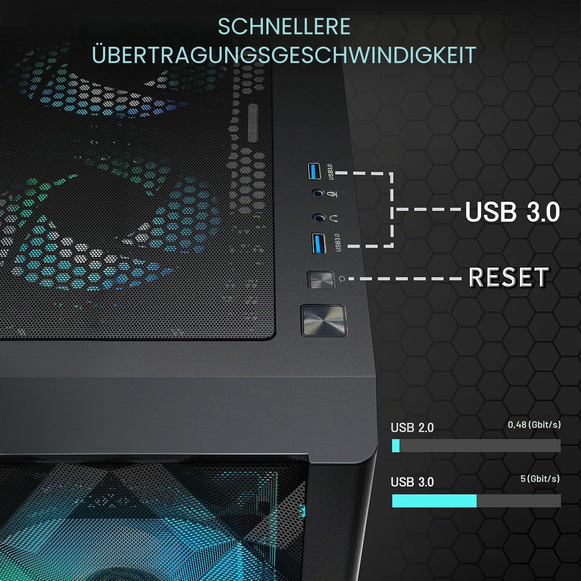 MUSETEX ATX PC Gehäuse Pre-Install 6 PWM ARGB Lüfter, Polygonal Mesh Computer Gaming Gehäuse, Öffnung gehärtetes Glas Seitenwand Mid-Tower Gehäuse, USB 3.0 x 2, Schwarz, NN8