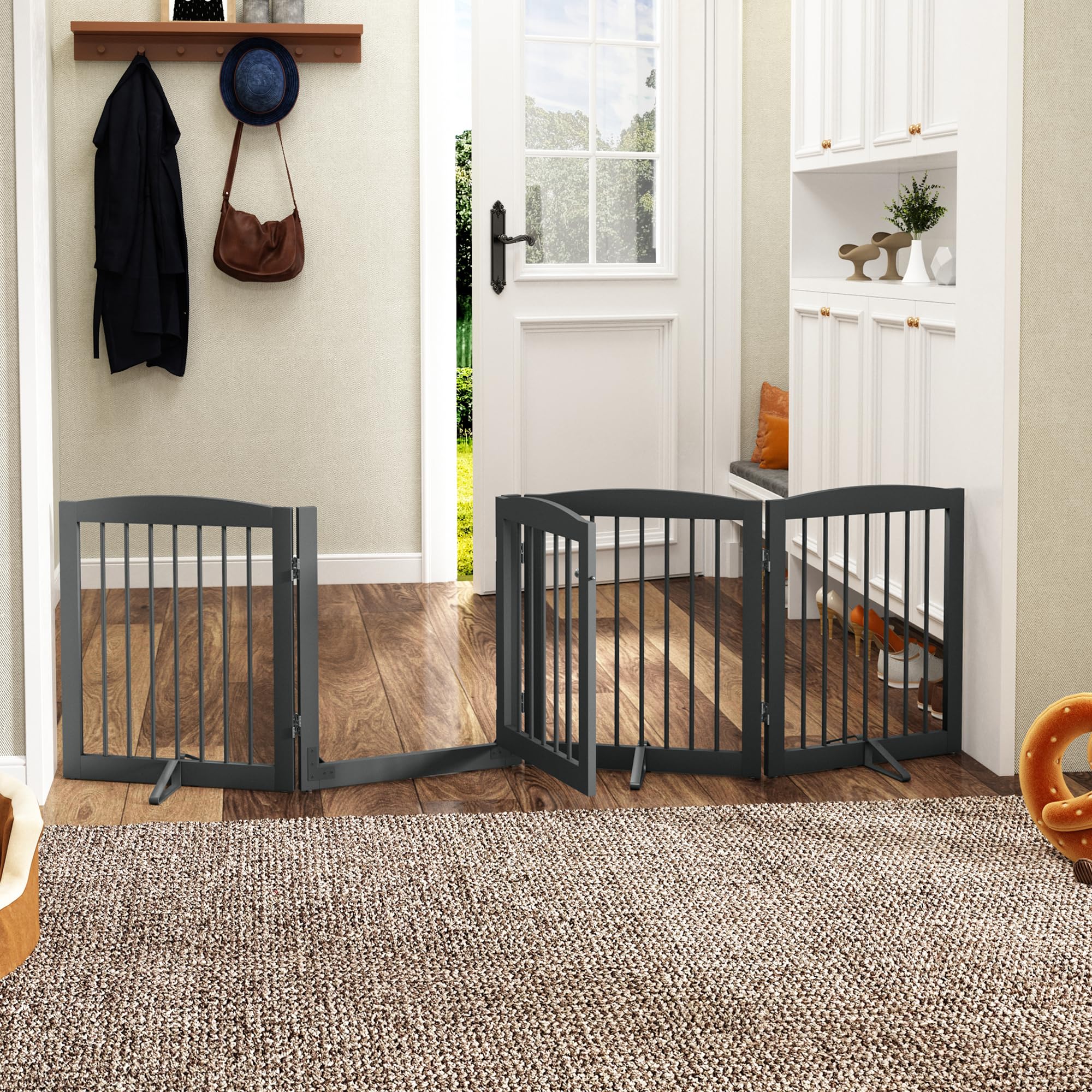 PAWLAND Hundegitter Freistehend Mit Tür | 203 Cm Breit, 61 Cm Hoch | 4 Paneele, Faltbar | Für Treppen & Türen