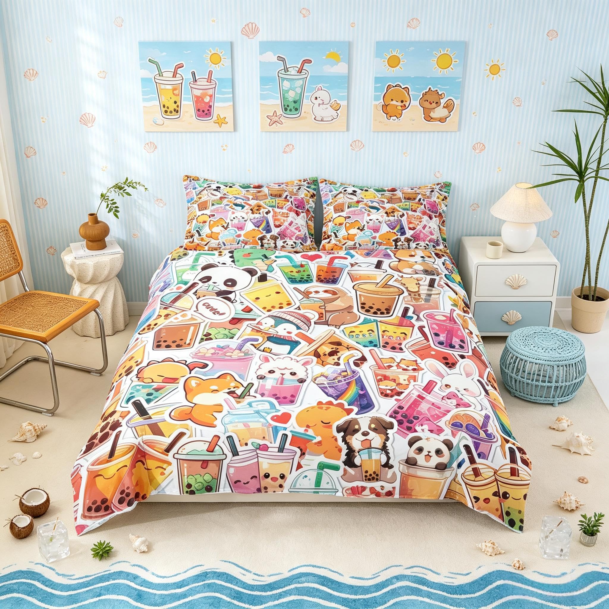 Loussiesd Cartoon Desserts Duvet Cover Super King Size Boys Girls Cartoon Drinks Bedding Set Breathable Soft Cute Food Bedspread 3Pcs Bedroom Decor Microfiber Zipper Closure