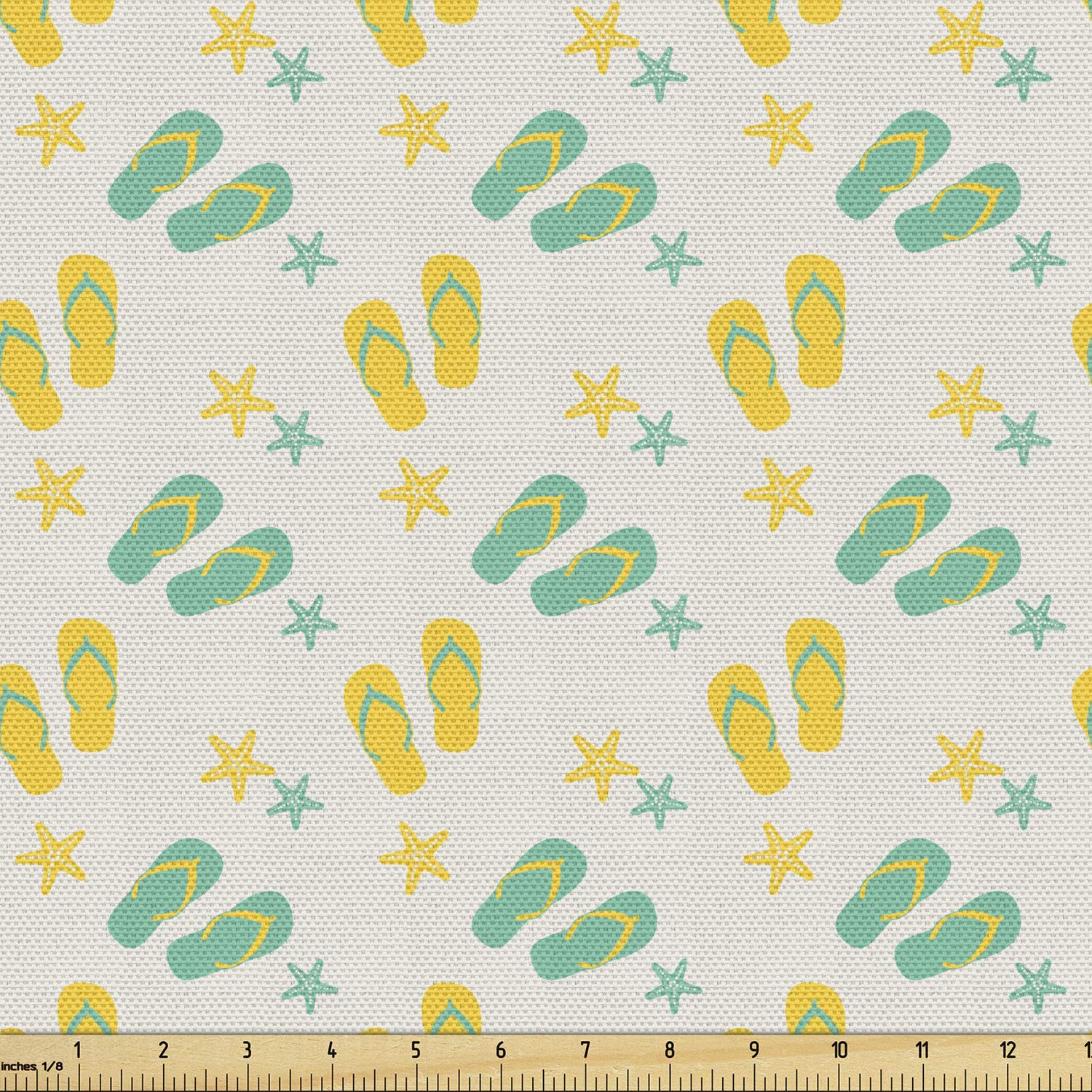 Ambesonne Geometric Fabric by The Yard, Flip Flops and Starfishes Beach Elements Exotic Poolside Theme Pattern, Decorative Fabric for Upholstery and Home Accents, 2 Yards, Seafoam Yellow