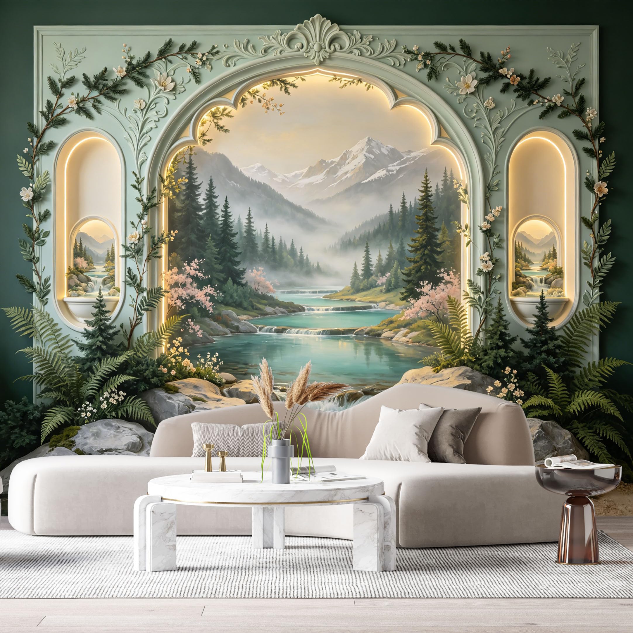 Custom Size Wall Murals Mountain Lake Botanical Landscape 3D Trompe L'Oeil SelfAdhesiveWall Fabric Removable Wallpaper Wall Decor for Living Room Bedroom Bathroom