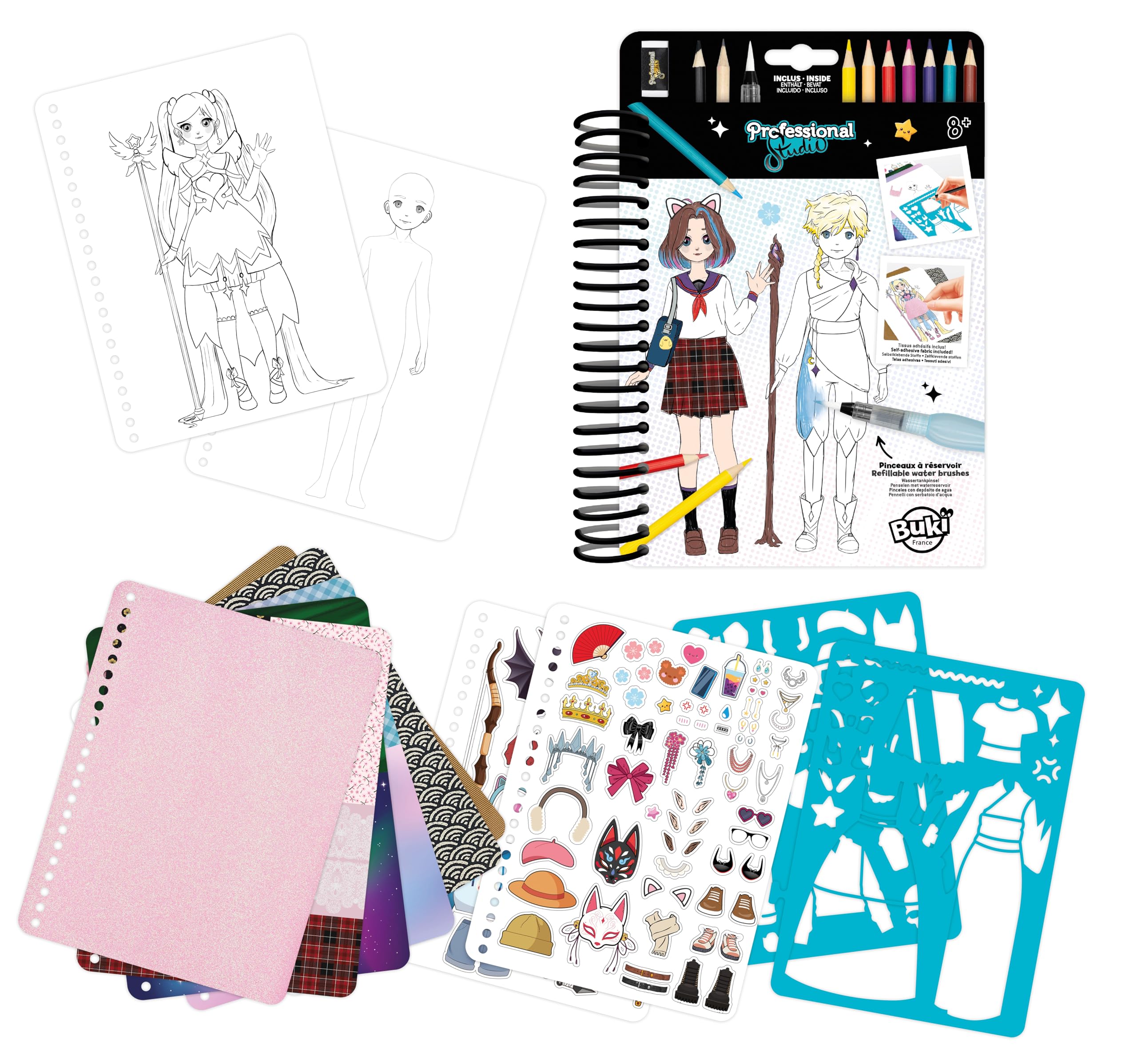 BUKI France CM201 Manga Fashion Notebook – A5 Design Kit – 30 Pages to Colour and Personalise – Watercolour Pencils, Stickers & Stencils Included – Ages 8 and Above