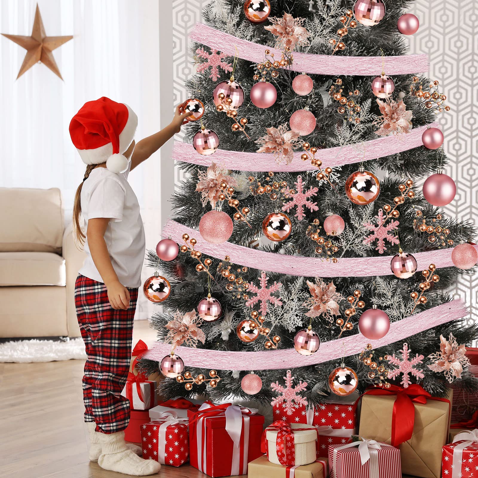 Lot de 94 décorations de sapin de Noël comprenant des boules de Noël à paillettes, des poinsettia à paillettes pour Noël, des vacances, un mariage (or rose)