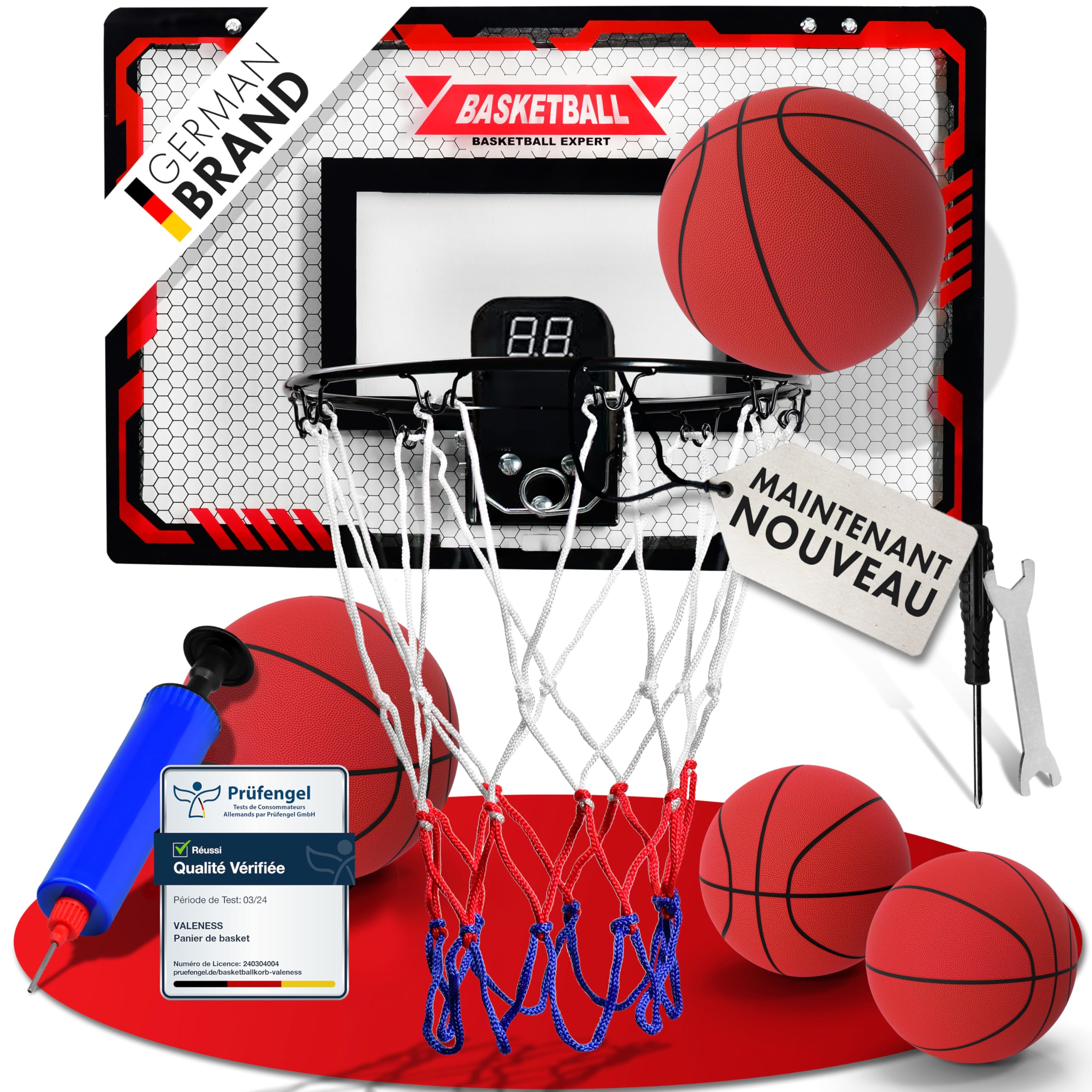 VALENESS® Mini Panier de Basketball Intérieur [pour Porte & Mur] - Petit Panier de Basket avec Fonction Dunk, 4 Ballons, Pompe & Accessoires de Fixation - pour Enfants et Adultes