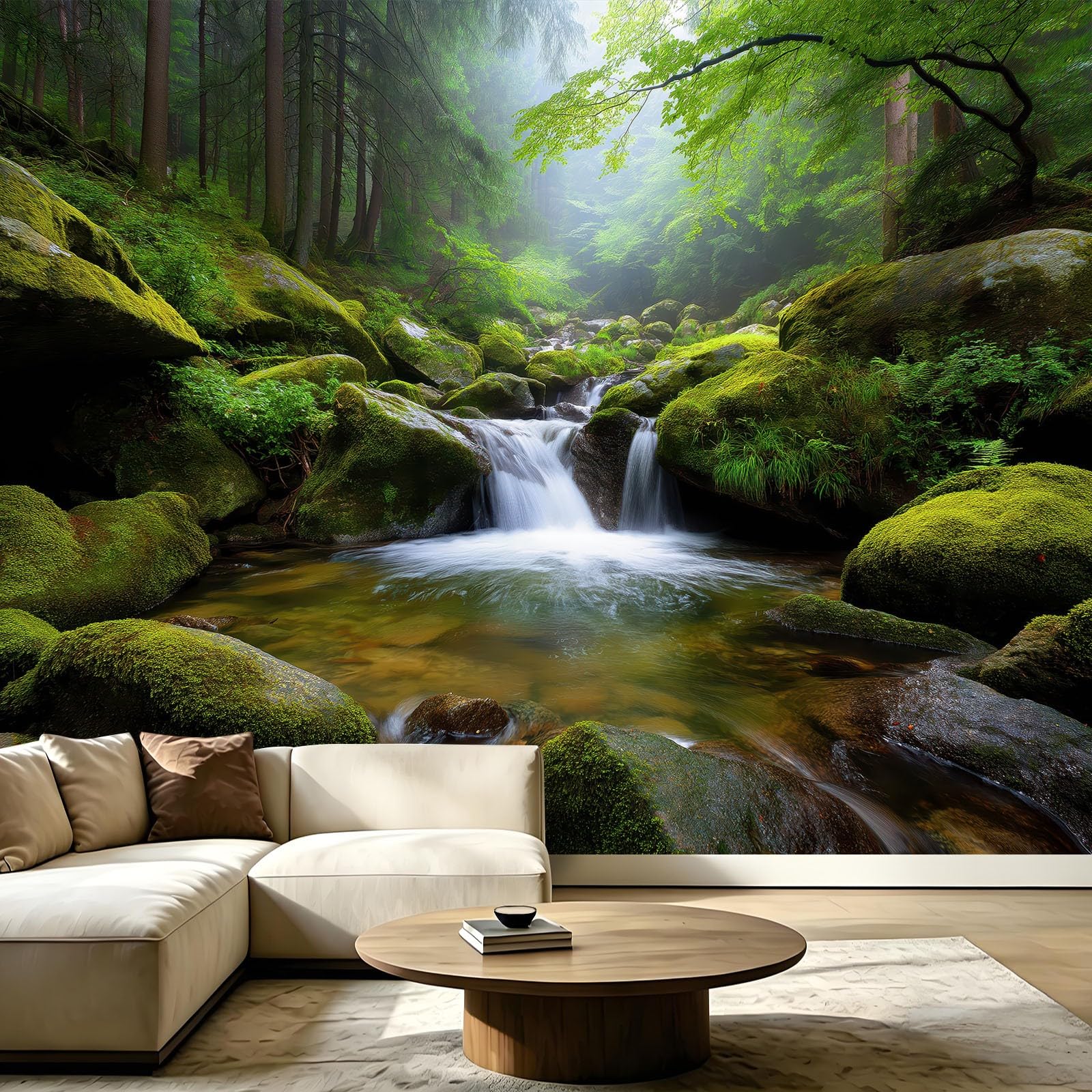 Fototapeta z włókniny, natura, krajobraz, las, 200 x 140 cm – fototapeta do sypialni, salonu, tapeta na fizelinie XXL, tapeta ścienna z motywem, dekoracja ścienna – roślina strumień, drzewa