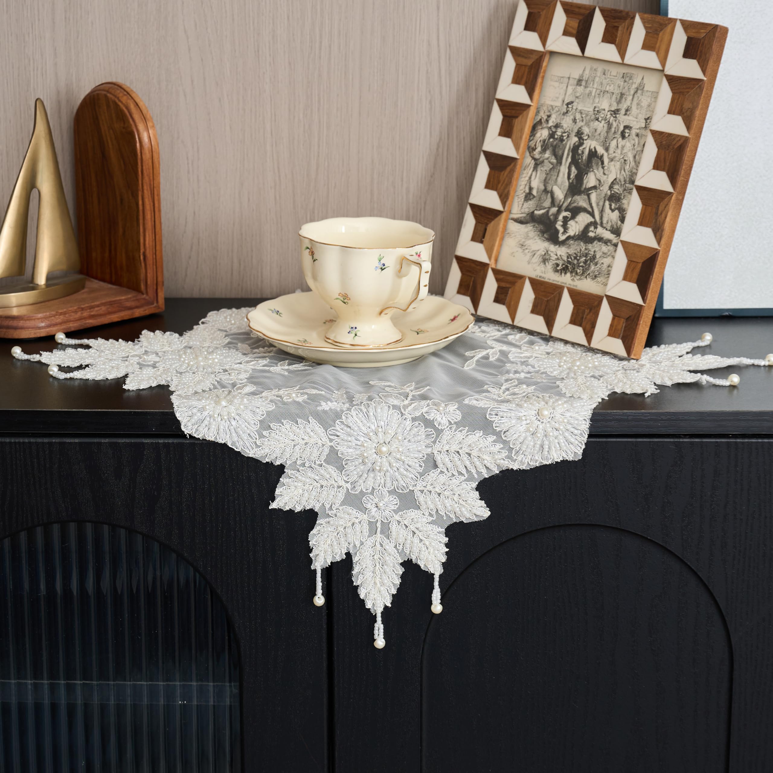 Embroidered Beaded Lace Doily, Elegant Home Decor Placemat, 40cm