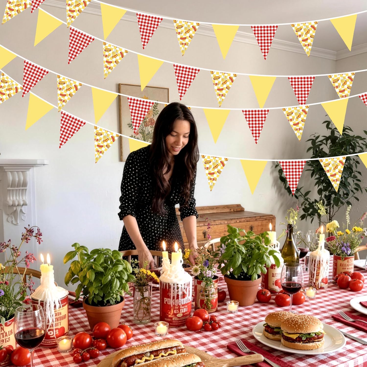 32Ft Hot Dog Party Decorations Red Plaid Yellow Weiner Dog Triangle Flag Fabric Banner Pennant Garland Streamer for A Weenie Bit Older Birthday Hotdog Picnic Food Snacks BBQ Party Decor Supplies