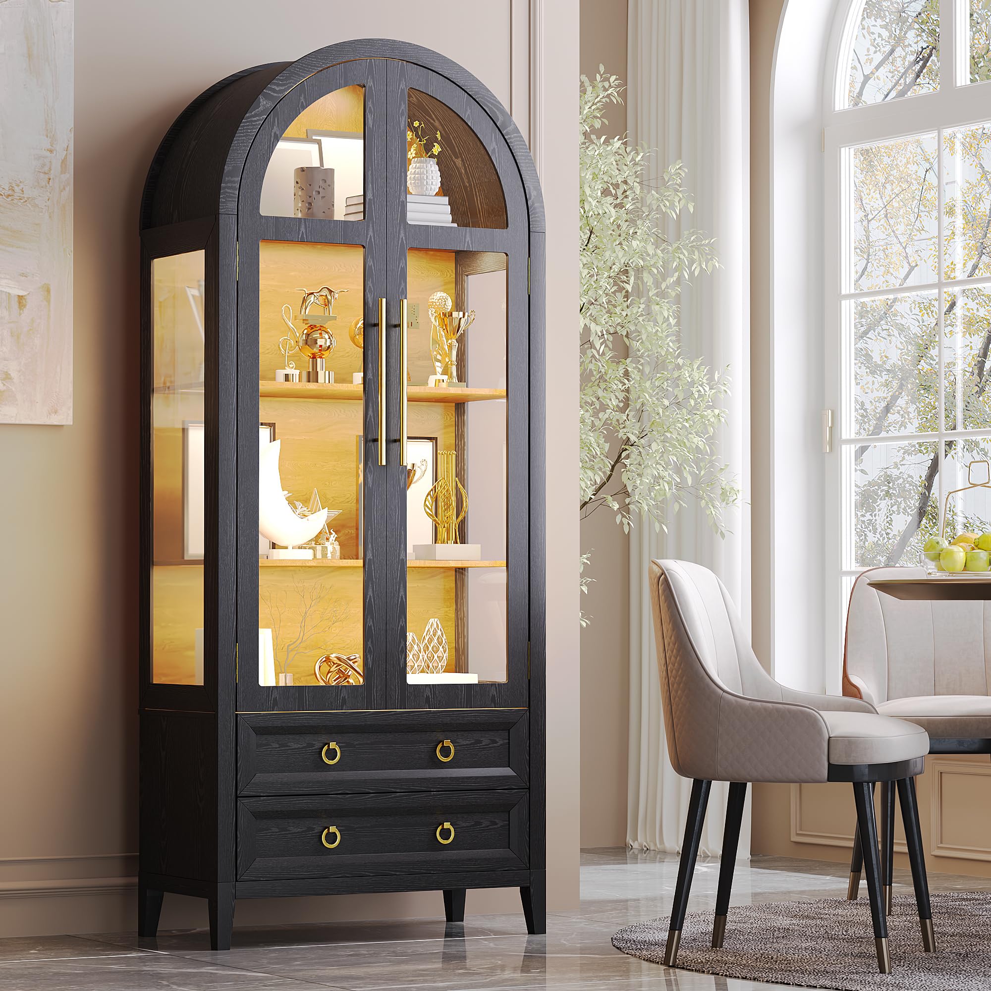 Vlsrka 71" Arched Curio Cabinet with Glass Doors, 4-Shelves Display Cabinet and 2 Drawers, Display Case with 3 Color Lights, Tall Bookcase, Kitchen Pantry, Black+Wood