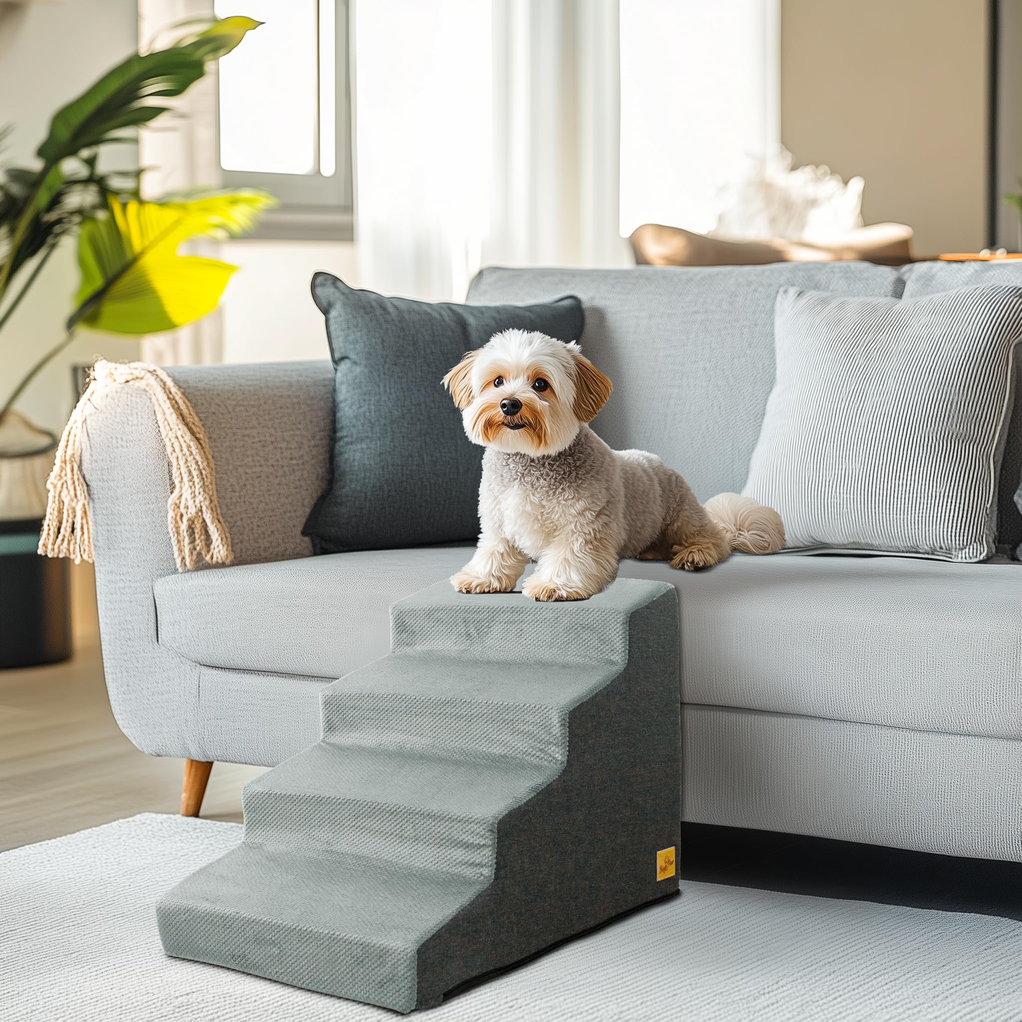 BingoPaw Hundetreppe 4 Stufen 50cm hoch, Haustiertreppe für Bett und Sofa aus Hochdichtem Schwamm, Tragbar Hunderampe mit Abnehmbarem, Waschbarem Bezug und Rutschfestem Boden, 39x76x50cm