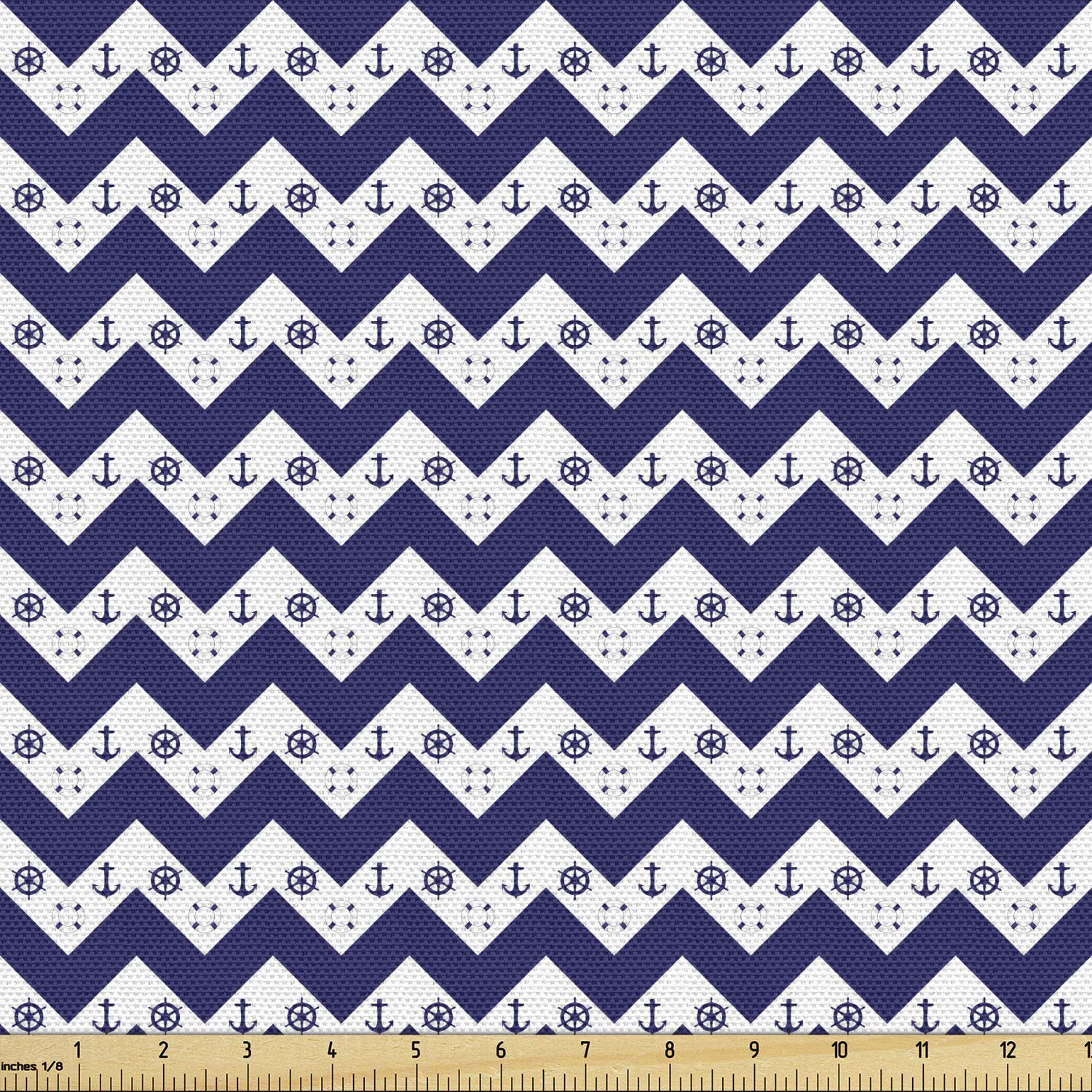 Lunarable Geometric Fabric by The Yard, Zig Zag Lines and Chevron Image Design with Anchors Dots Art Image Print, Decorative Fabric for Upholstery and Home Accents, 3 Yards, Night Blue