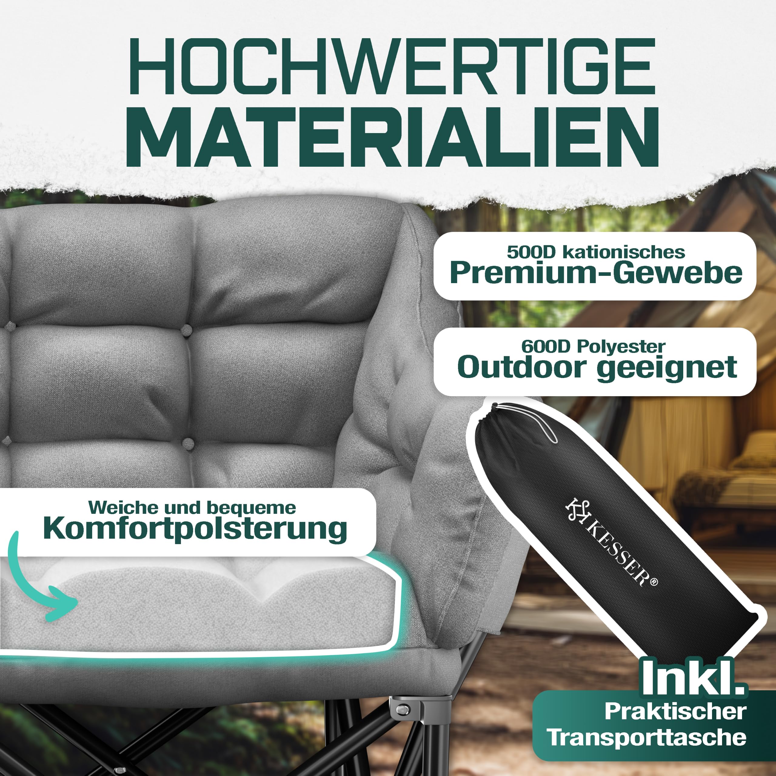 KESSER® Campingsofa faltbar, Campingcouch breit, gepolstert mit Seitentaschen & Tasche, Faltsofa Duo, Campingstuhl Indoor & Outdoor, Camping, Festival, Angeln & Garten