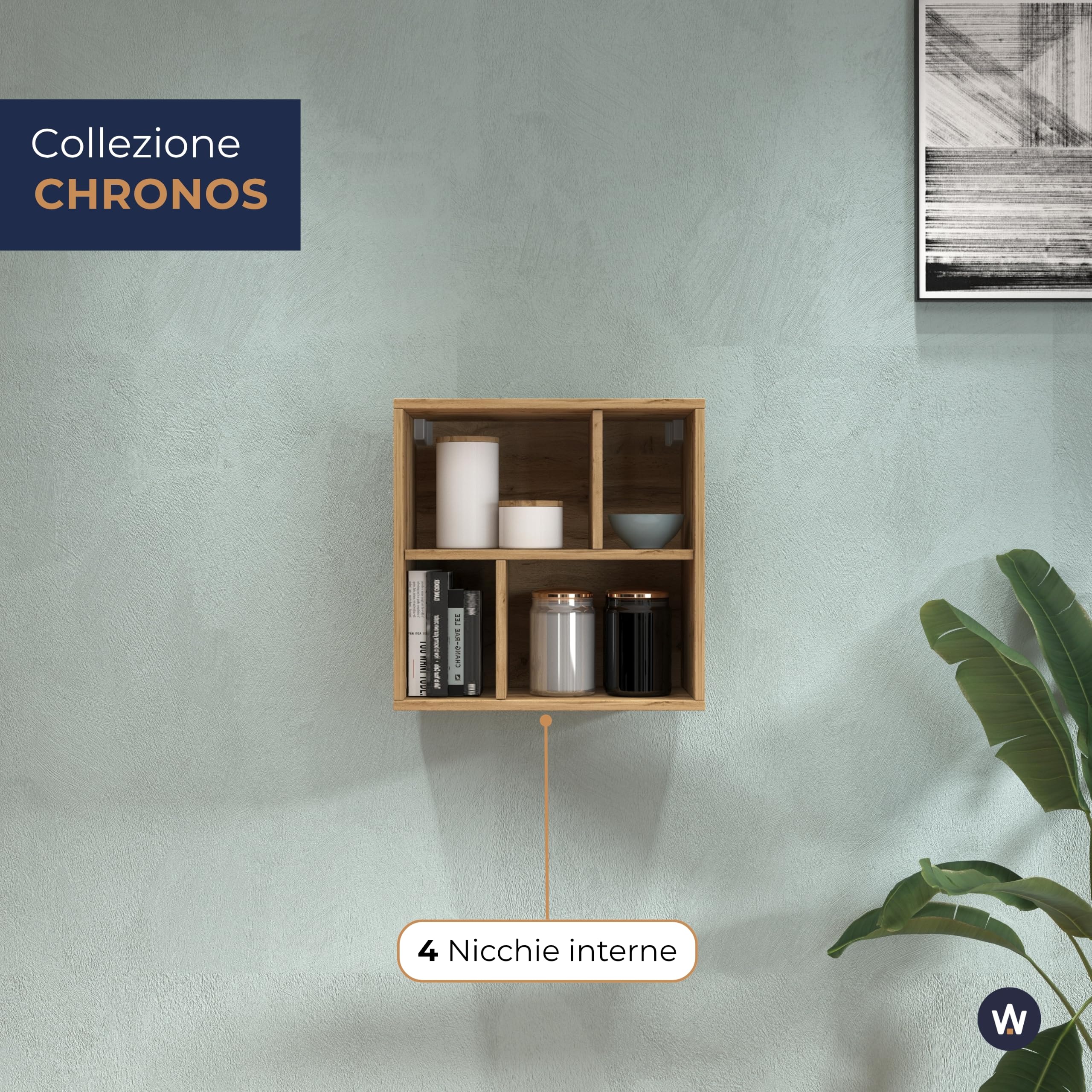 WHOUS Pensile a Cubo CHRONOS per Soggiorno con 4 Vani, Pensile a Giorno e Libreria Multiuso per Salotto, 50x35x50 cm, Rovere