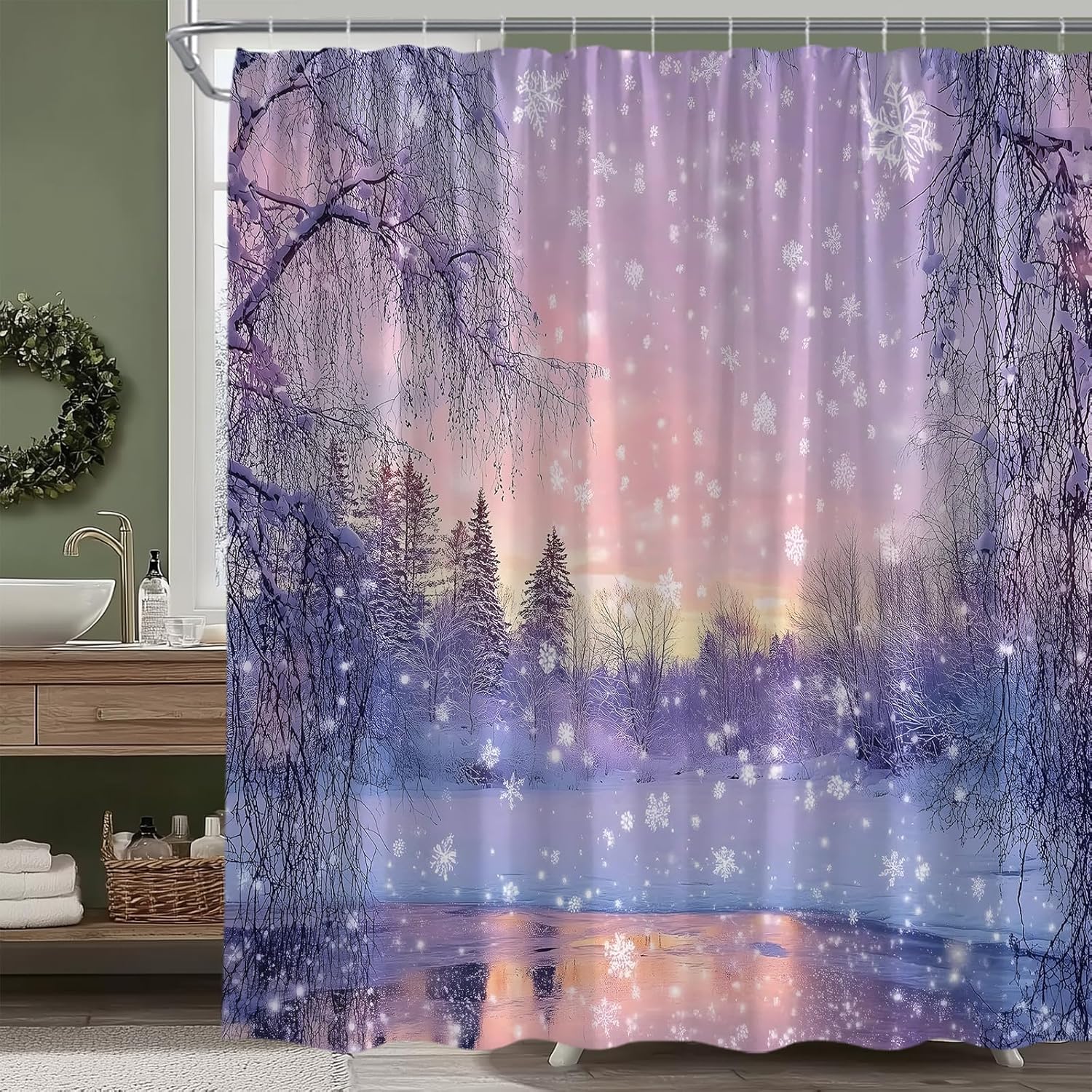 Winter Shower Curtain Nature Forest Snowflake Snowfall Scenery Seasonal Christmas Holiday Fabric Bathroom Decor Set with Hooks,(70" Wx74.8 H)