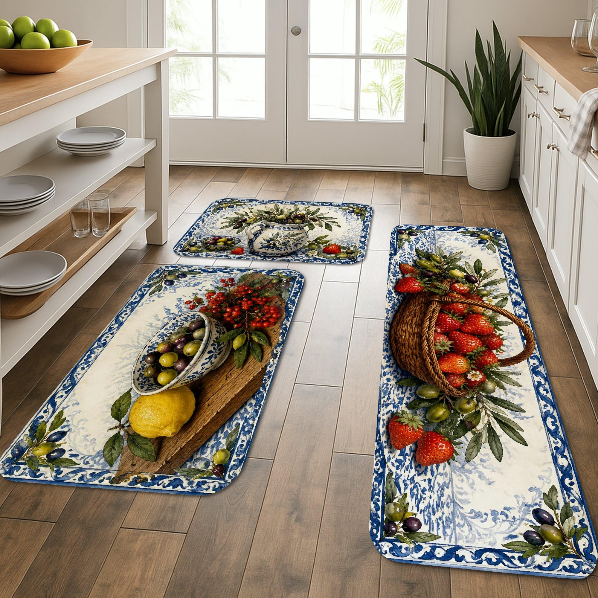 Tapis doux à motif floral bleu vintage lot de 3 tapis de cuisine sol