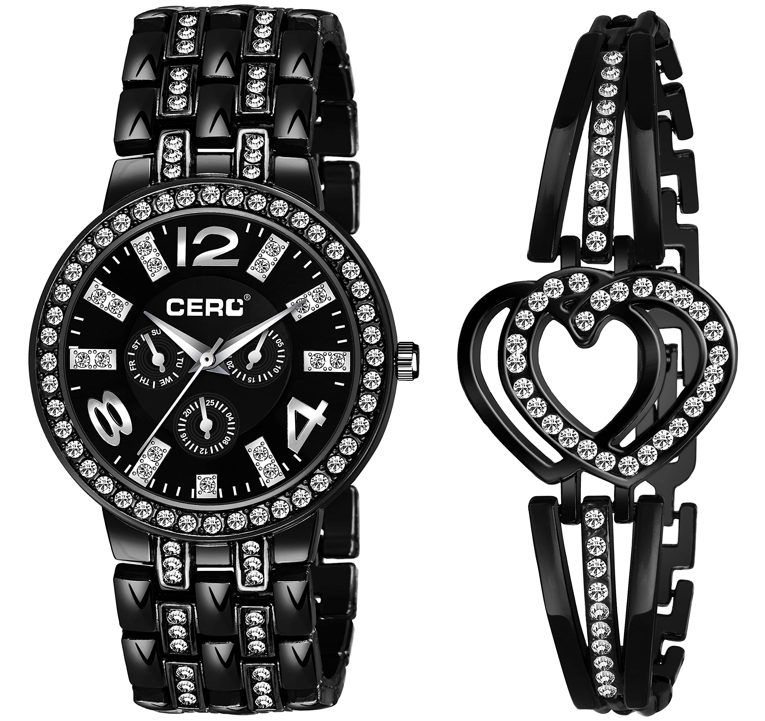 CERO Analogue Multi Colour Metal Watch & Bracelet Combo for Women & Girls (Pack of 2) (Black) (B09H7FLH6V) Amazon Price History, Amazon Price Tracker