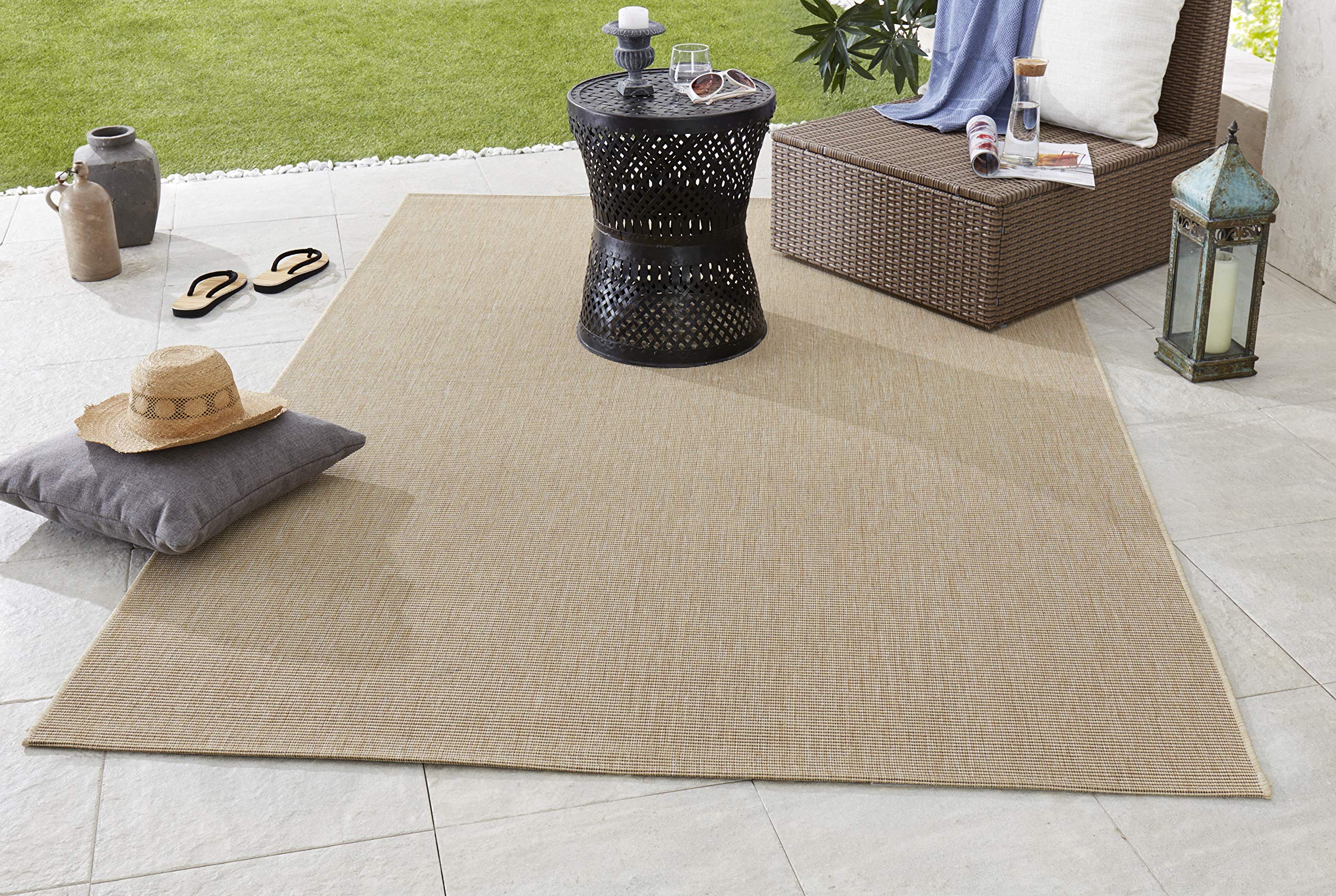 Hanse Home In- und Outdoor Teppich Match 240x340 cm - Wetterfest Modern Plain Allover Unifarben Design Teppich für Balkon Terrasse Garten Wintergarten Wohnzimmerteppich Wasserfest in Beige