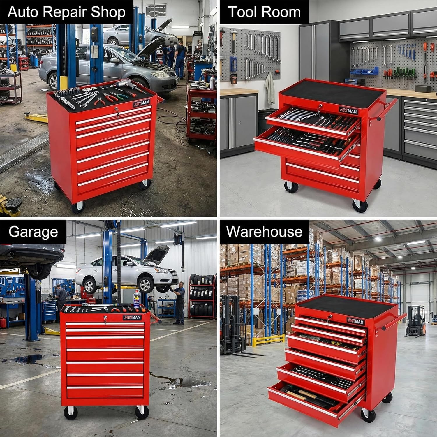 7 Drawers Multifunctional Tool Cart with Wheels - Rolling Tool Chest on Wheels, Heavy Duty Tool Chest with Drawers for Garage, Workshop, Home Organization (Red)