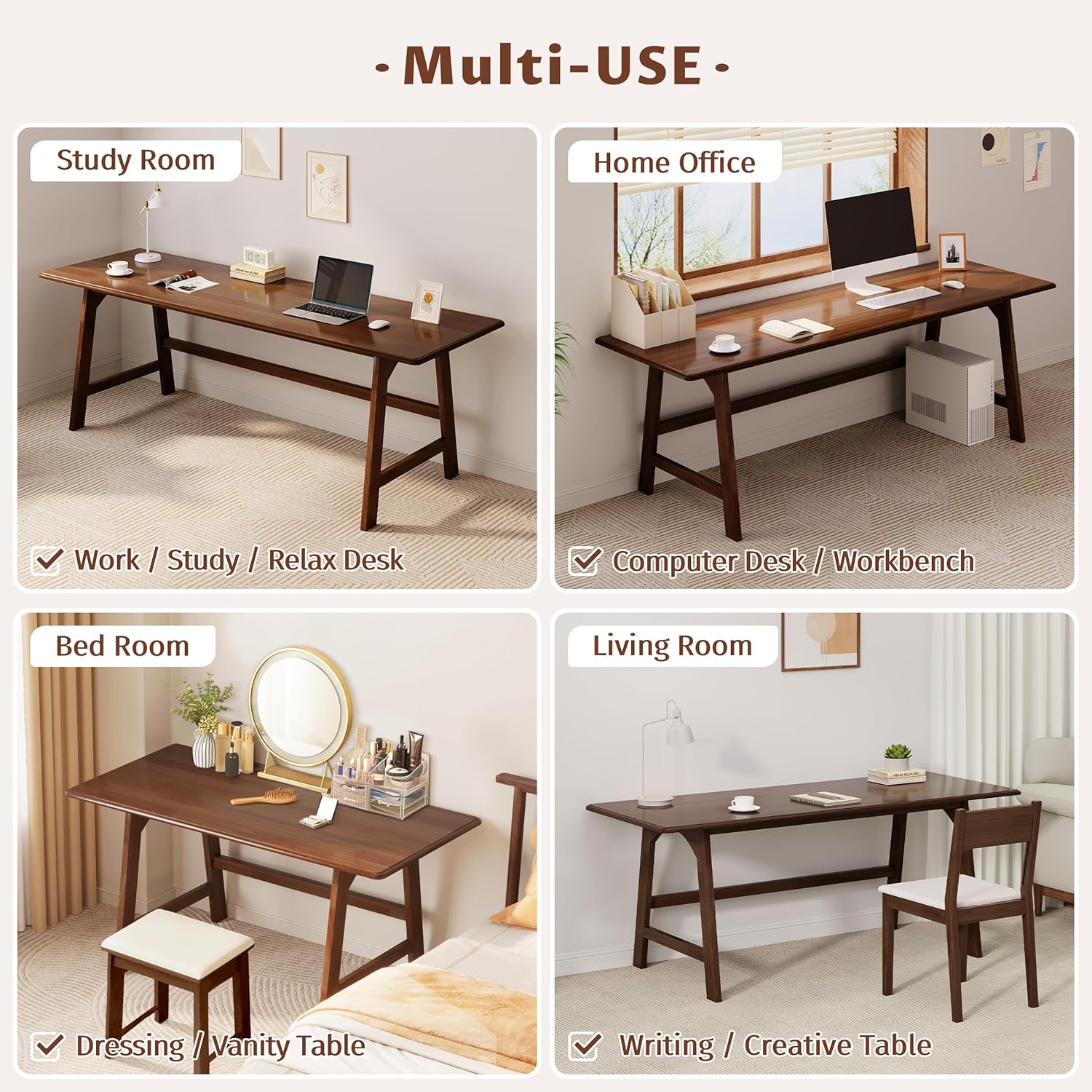 IOTXY Solid Wood Writing Table - 48" W x 24" D Minimalist Computer Desk for Home Office, Work, Study, Creativity, and PC Workstation, Walnut